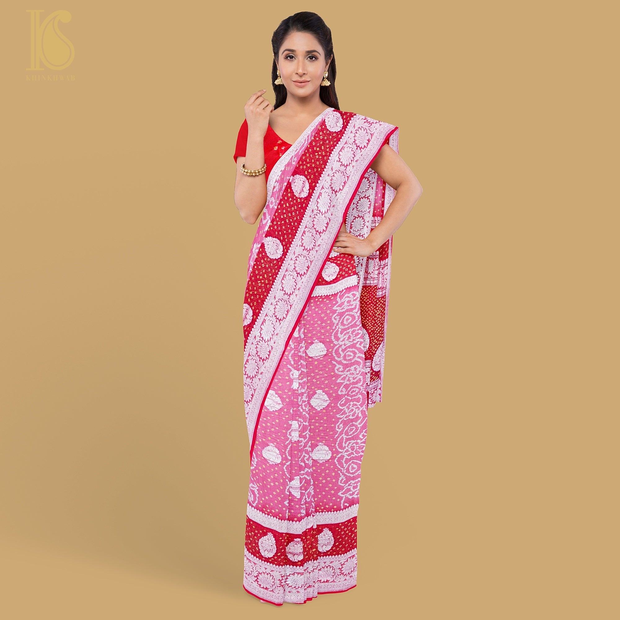 French Rose Pure Georgette Handloom Banarasi Bandhani Saree - Khinkhwab