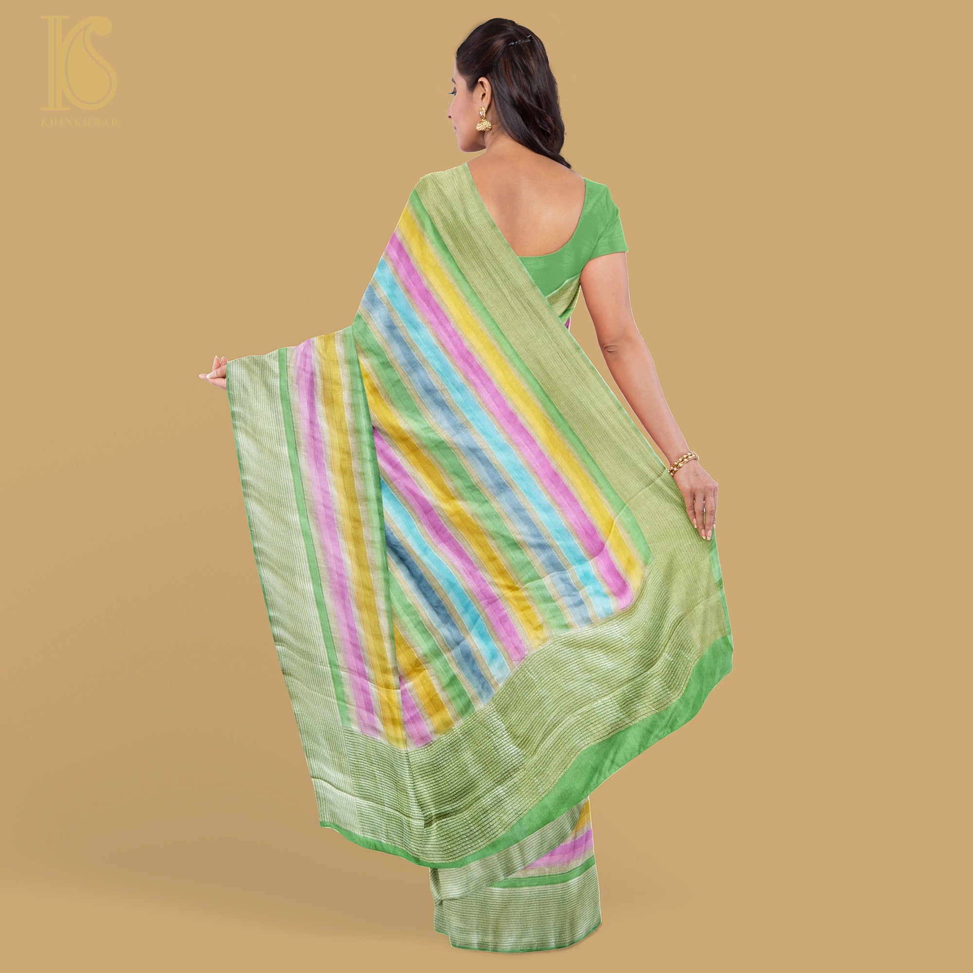 Fern Green Pure Georgette Handloom Stripes Banarasi Saree - Khinkhwab