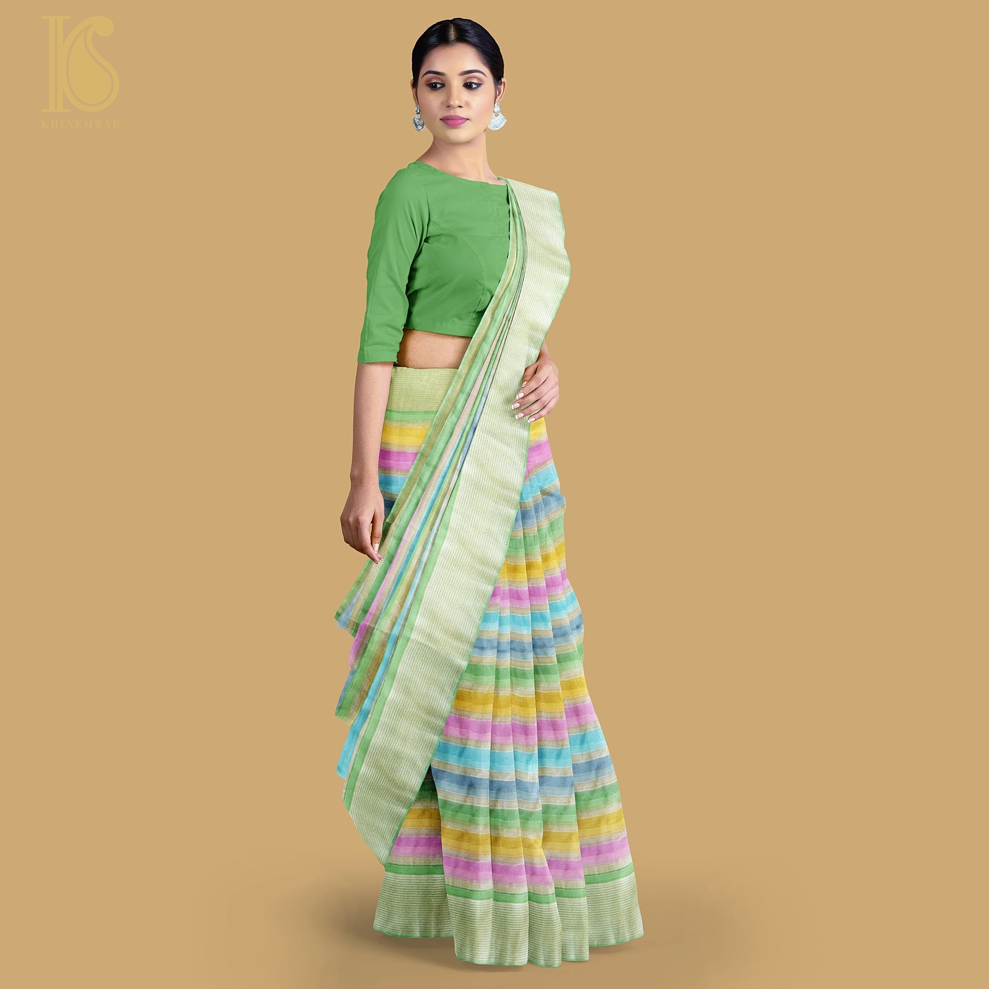 Fern Green Pure Georgette Handloom Stripes Banarasi Saree - Khinkhwab