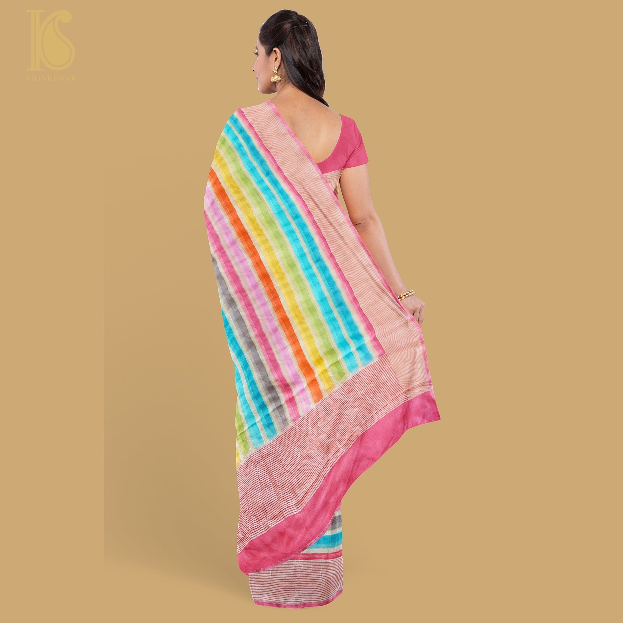 Cranberry Pink Pure Georgette Handloom Stripes Banarasi Saree - Khinkhwab