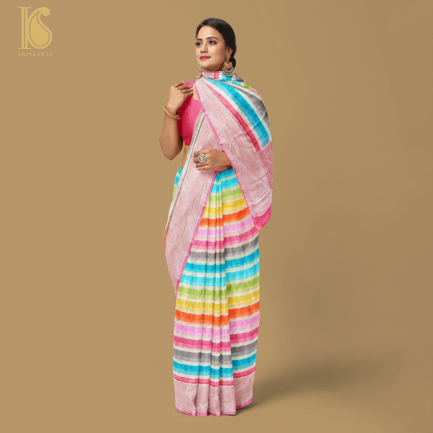 Cranberry Pink Pure Georgette Handloom Stripes Banarasi Saree - Khinkhwab
