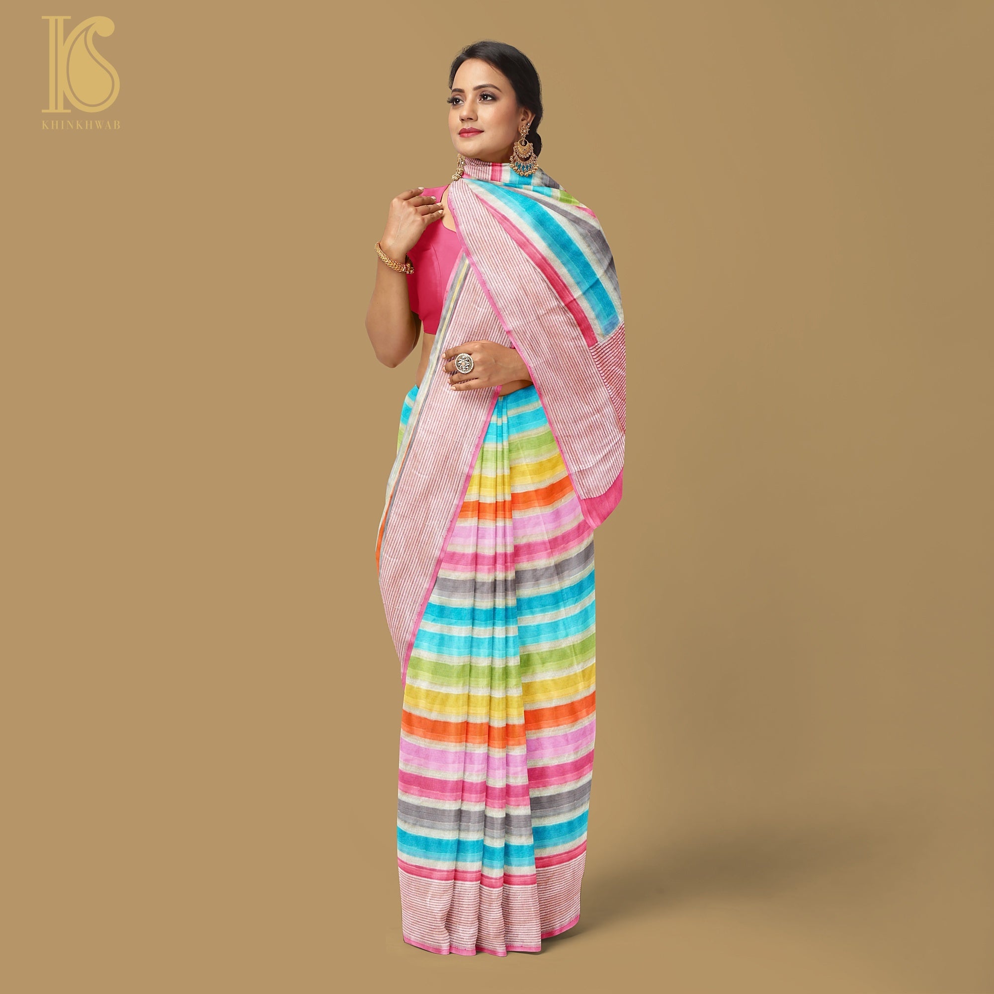 Cranberry Pink Pure Georgette Handloom Stripes Banarasi Saree - Khinkhwab