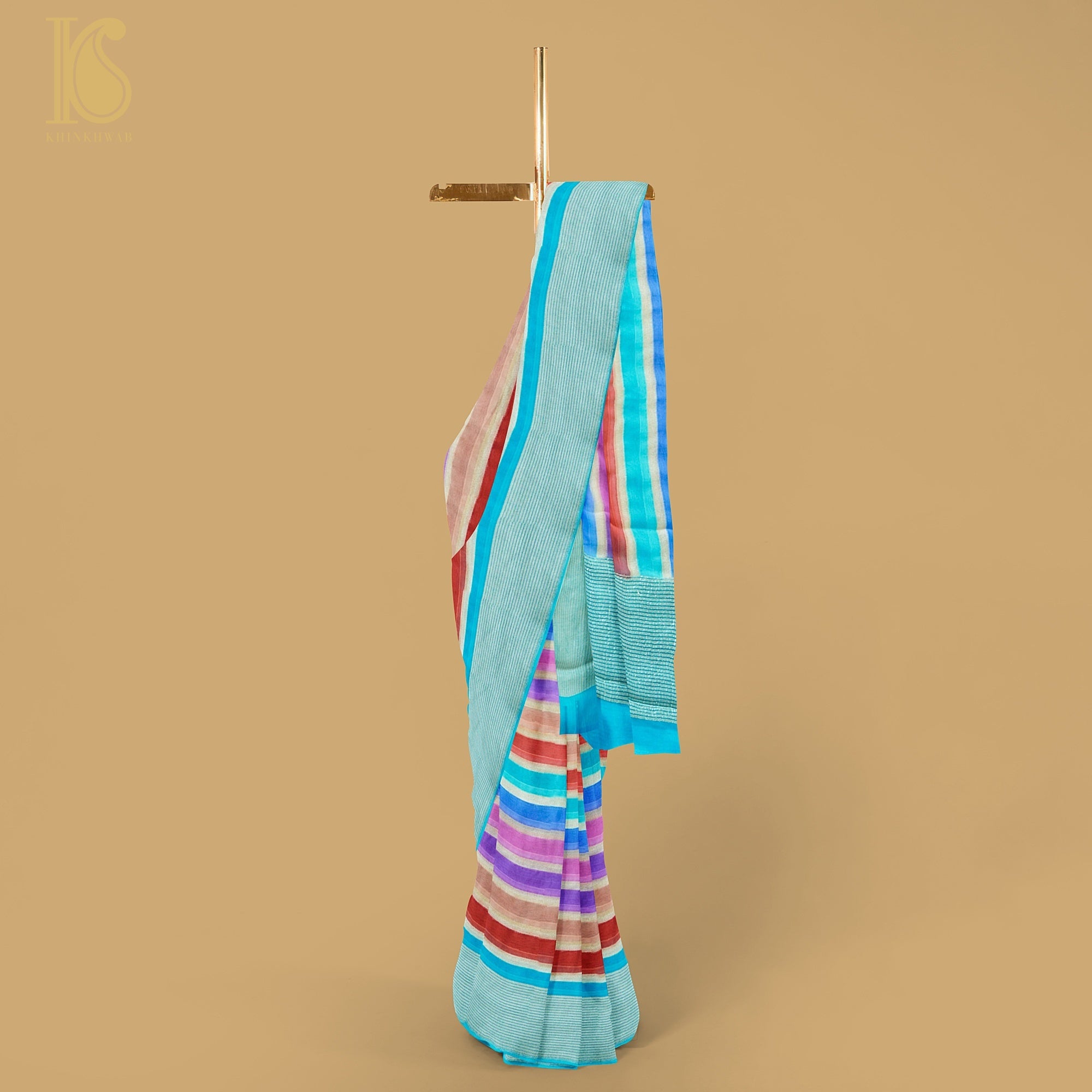 Blue Pure Georgette Handloom Stripes Banarasi Saree - Khinkhwab