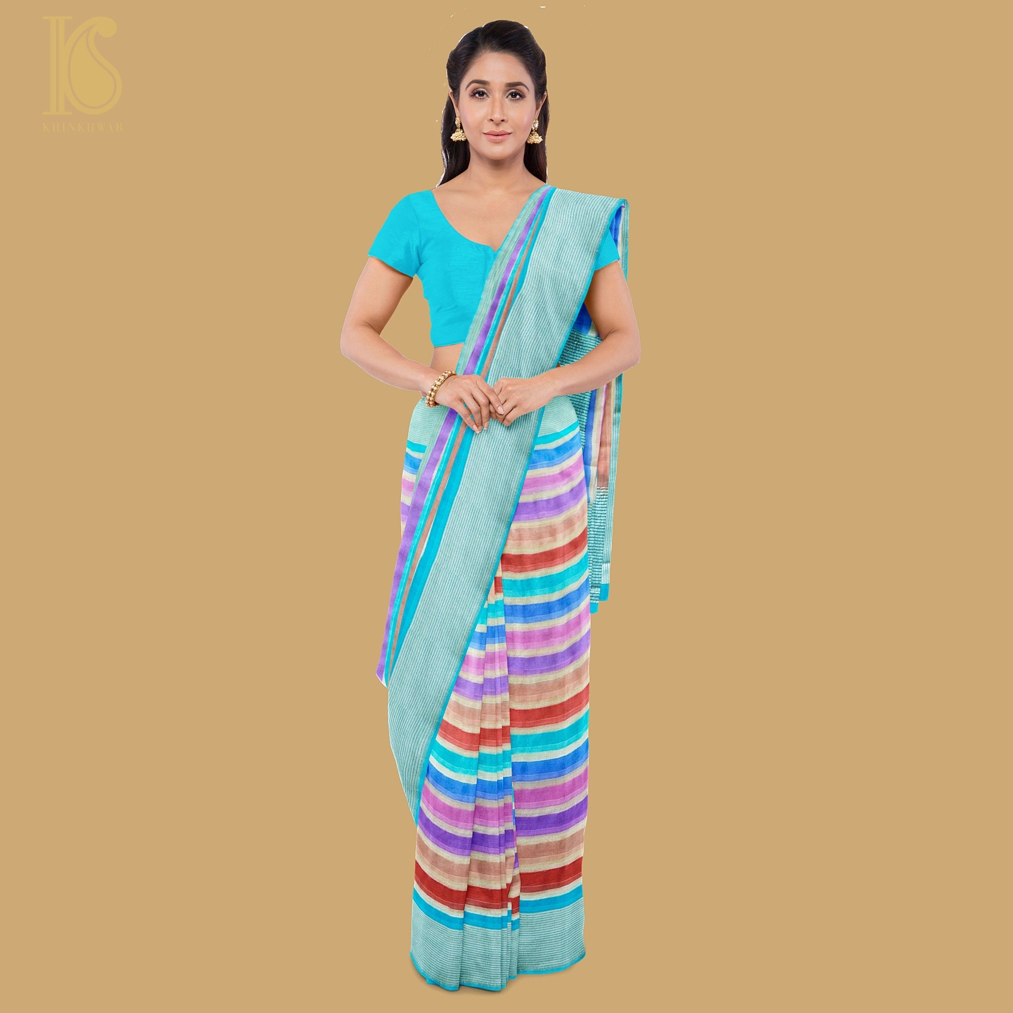 Blue Pure Georgette Handloom Stripes Banarasi Saree - Khinkhwab