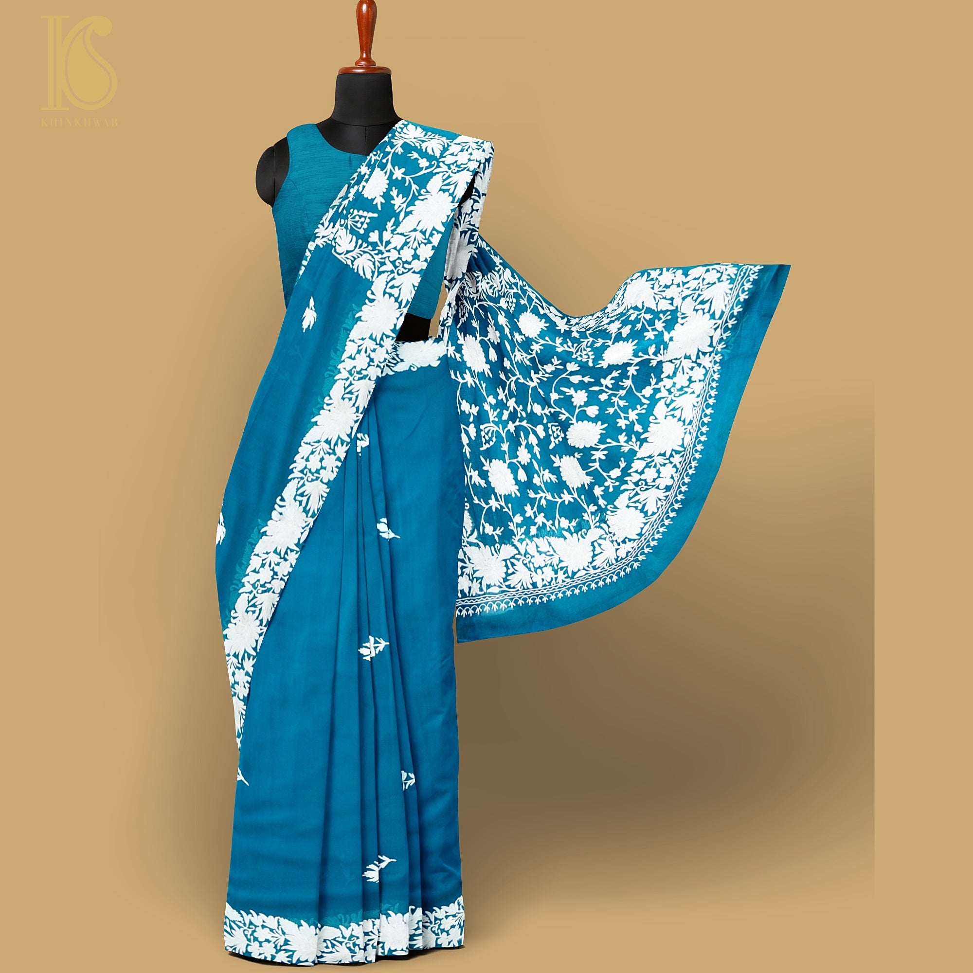 Cerulean Blue Pure Georgette Kashmiri Embroidery Saree - Khinkhwab