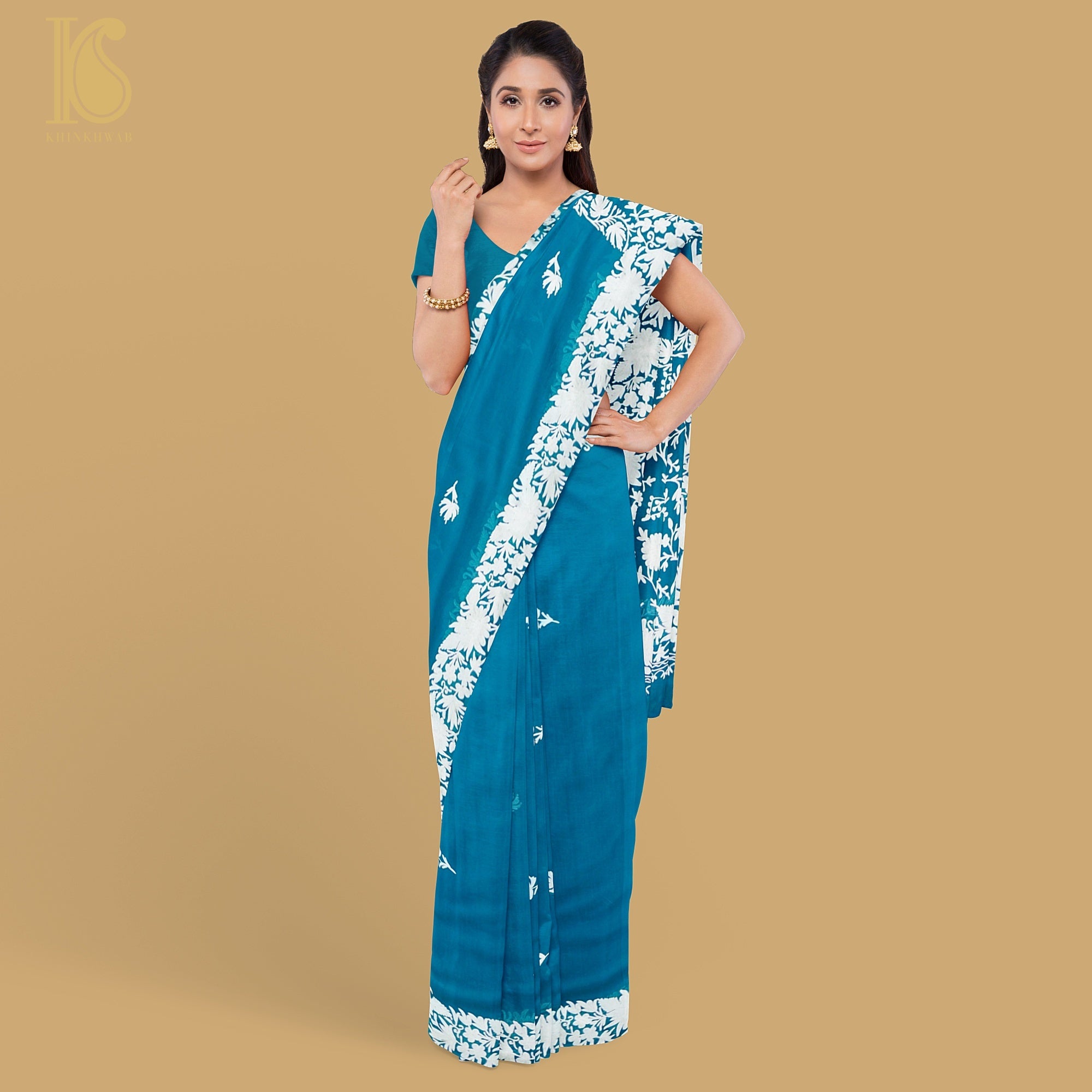Cerulean Blue Pure Georgette Kashmiri Embroidery Saree - Khinkhwab