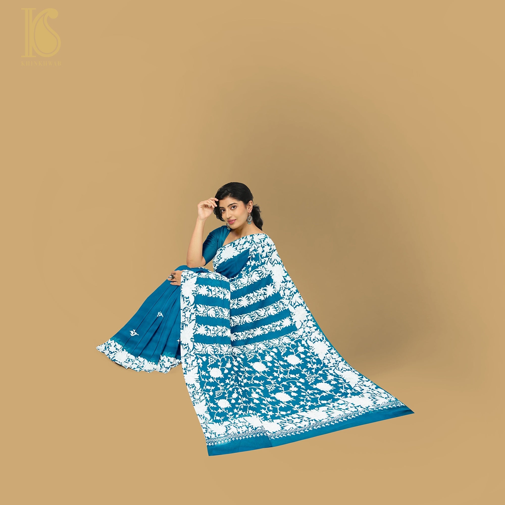 Cerulean Blue Pure Georgette Kashmiri Embroidery Saree - Khinkhwab