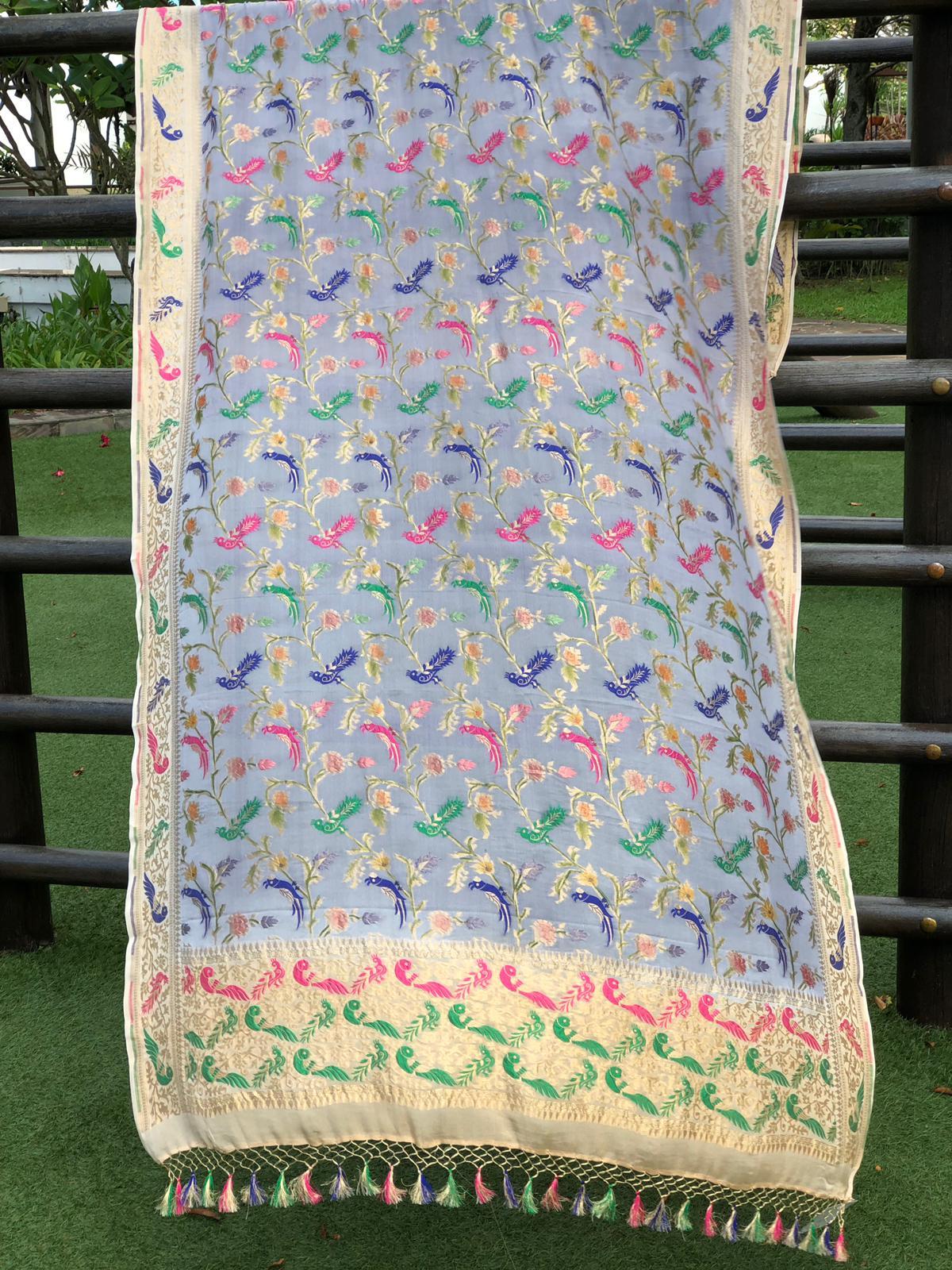 Pure Georgette Handloom Banarasi Meenakari Birds Dupatta - Khinkhwab