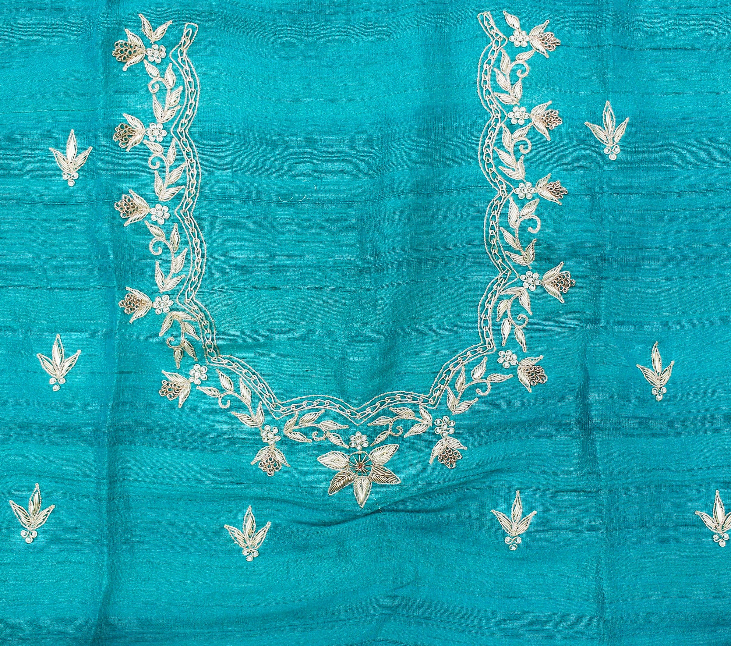 Pacific Blue Handloom Pure Tussar Silk Peacock Zardozi Embroidery Saree - Khinkhwab