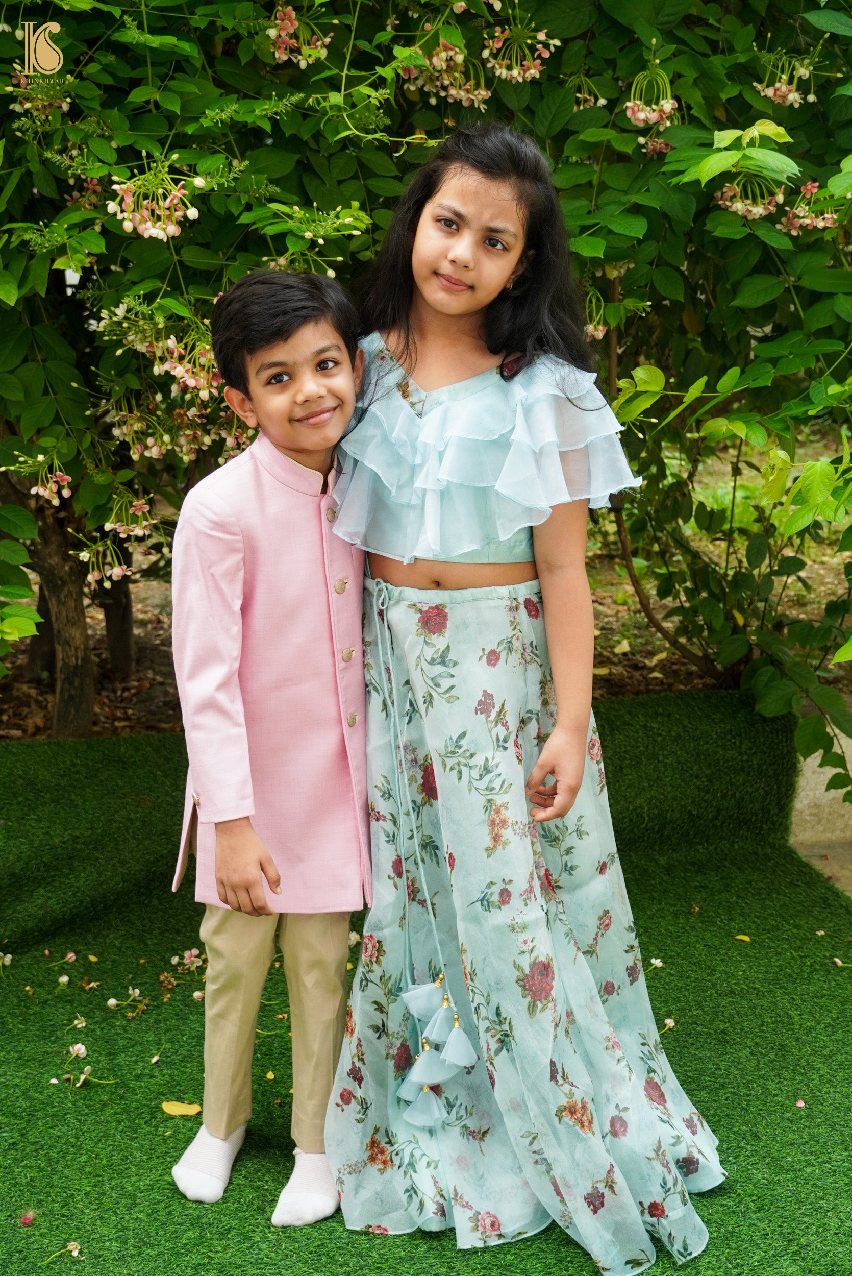 Blue Pure Floral Organza Kids Stitched Lehenga Set - Khinkhwab