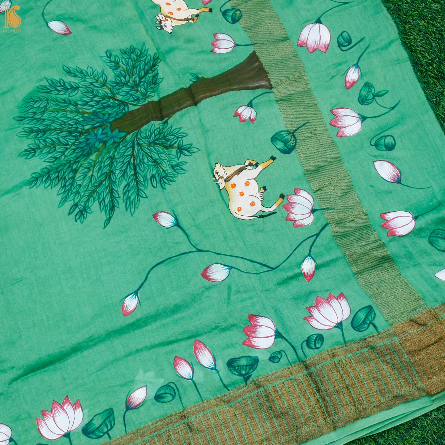 Green & Yellow Pure Cotton Hand Painted Pichwai Banarasi Saree - Khinkhwab