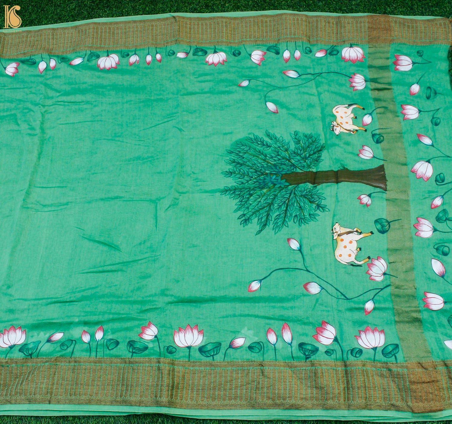 Green & Yellow Pure Cotton Hand Painted Pichwai Banarasi Saree - Khinkhwab