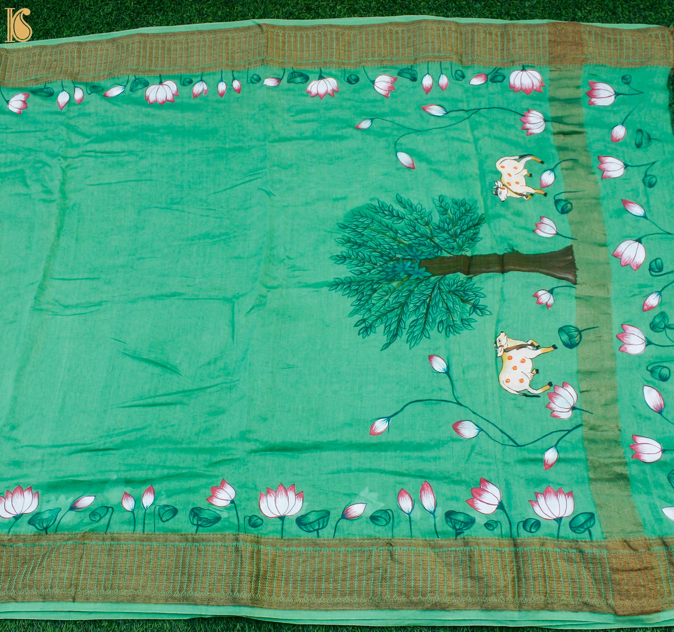 Green & Yellow Pure Cotton Hand Painted Pichwai Banarasi Saree - Khinkhwab