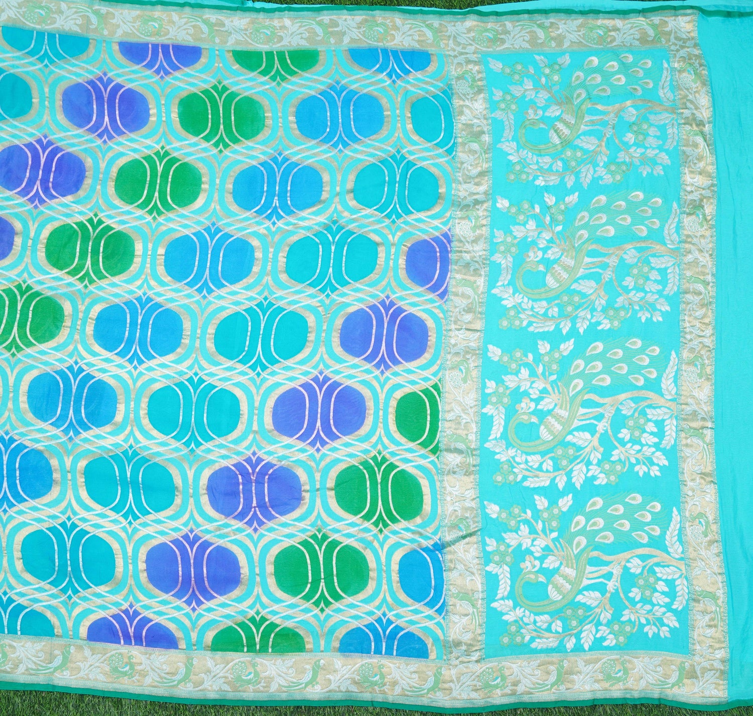 Blue Handwoven Pure Georgette Banarasi Peacock Border Saree - Khinkhwab