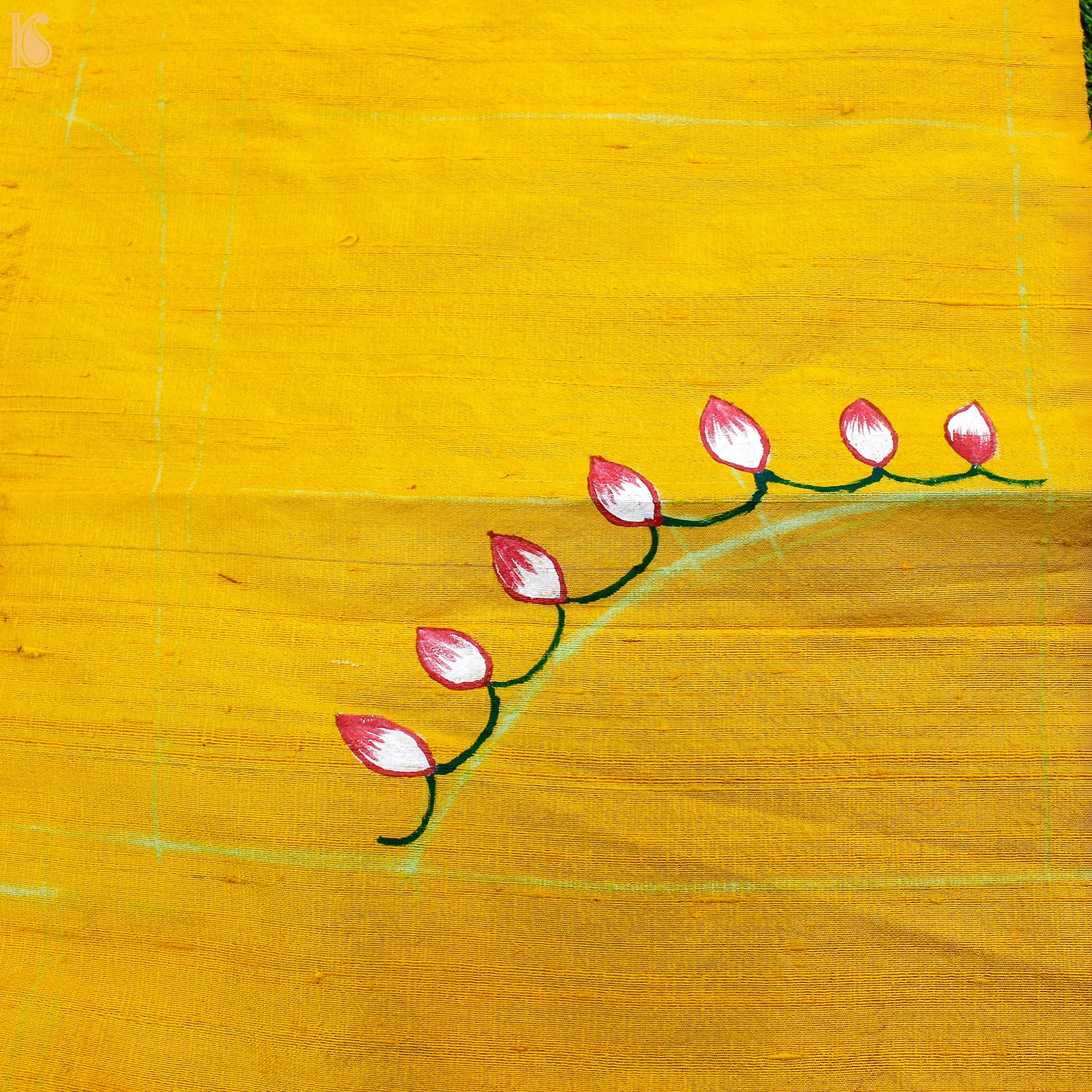 Green & Yellow Pure Cotton Hand Painted Pichwai Banarasi Saree - Khinkhwab