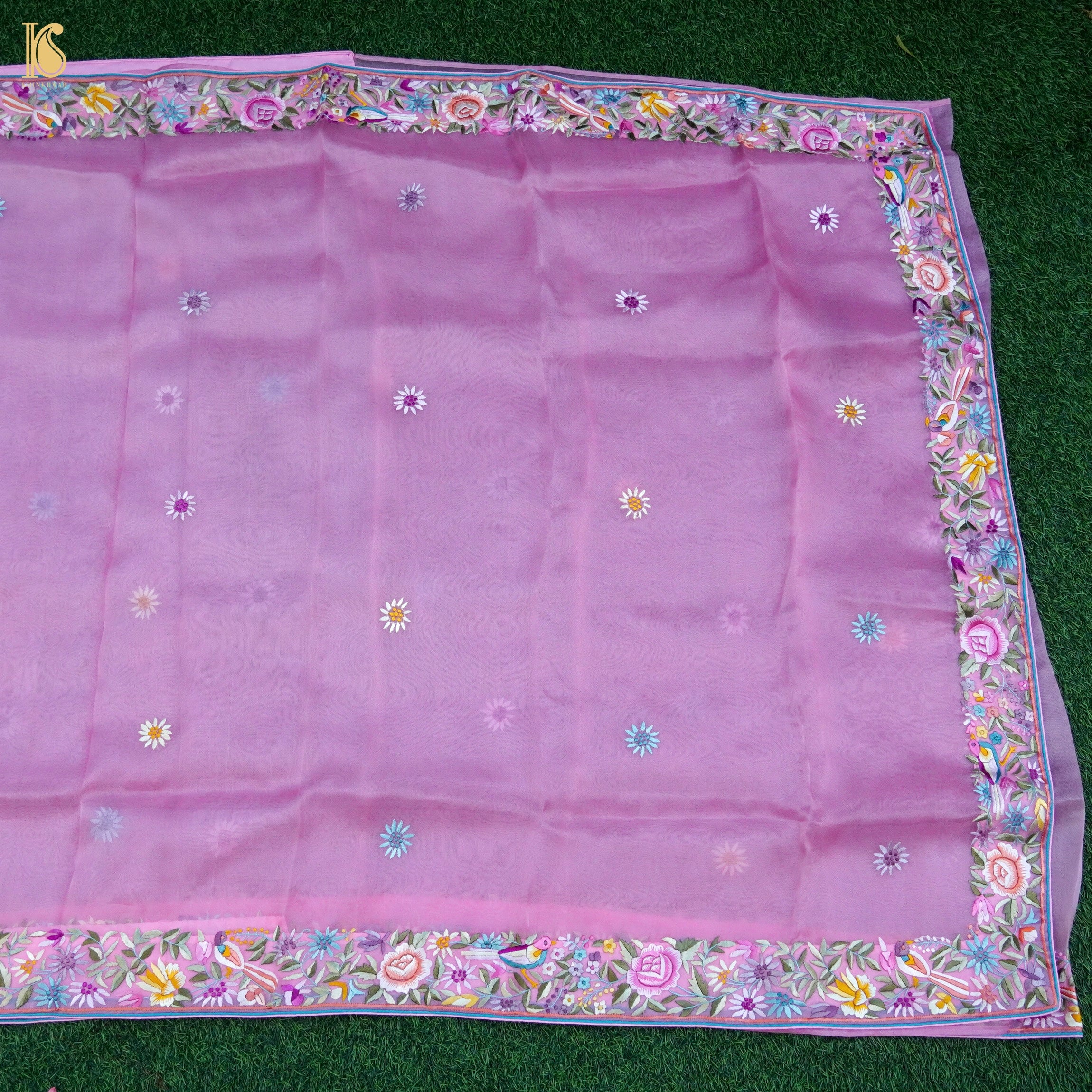 Pink Handcrafted Parsi Gara Pure Organza Saree - Khinkhwab