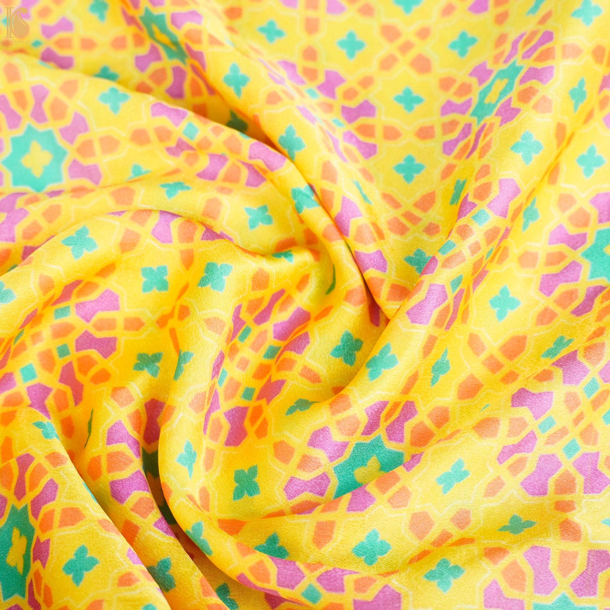 NİLÜFER - Yellow & Pink Pure Sateen Silk Print Fabric - Khinkhwab
