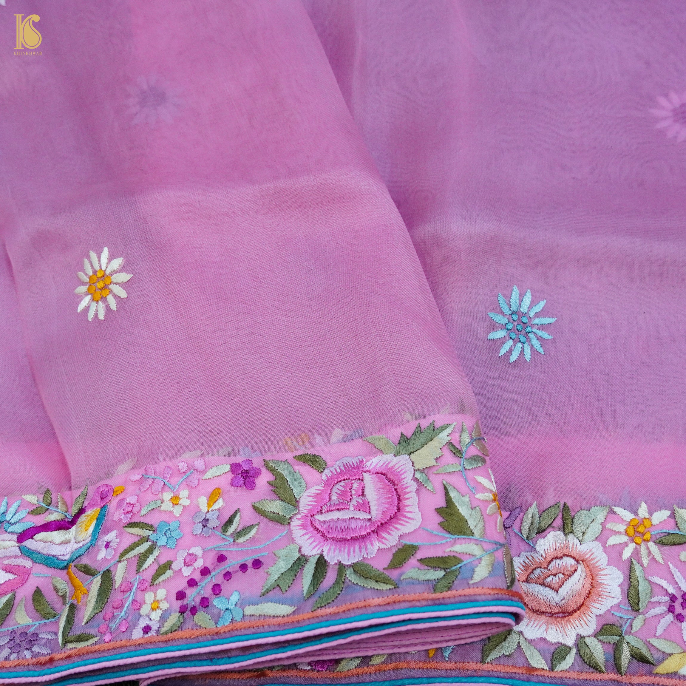 Pink Handcrafted Parsi Gara Pure Organza Saree - Khinkhwab