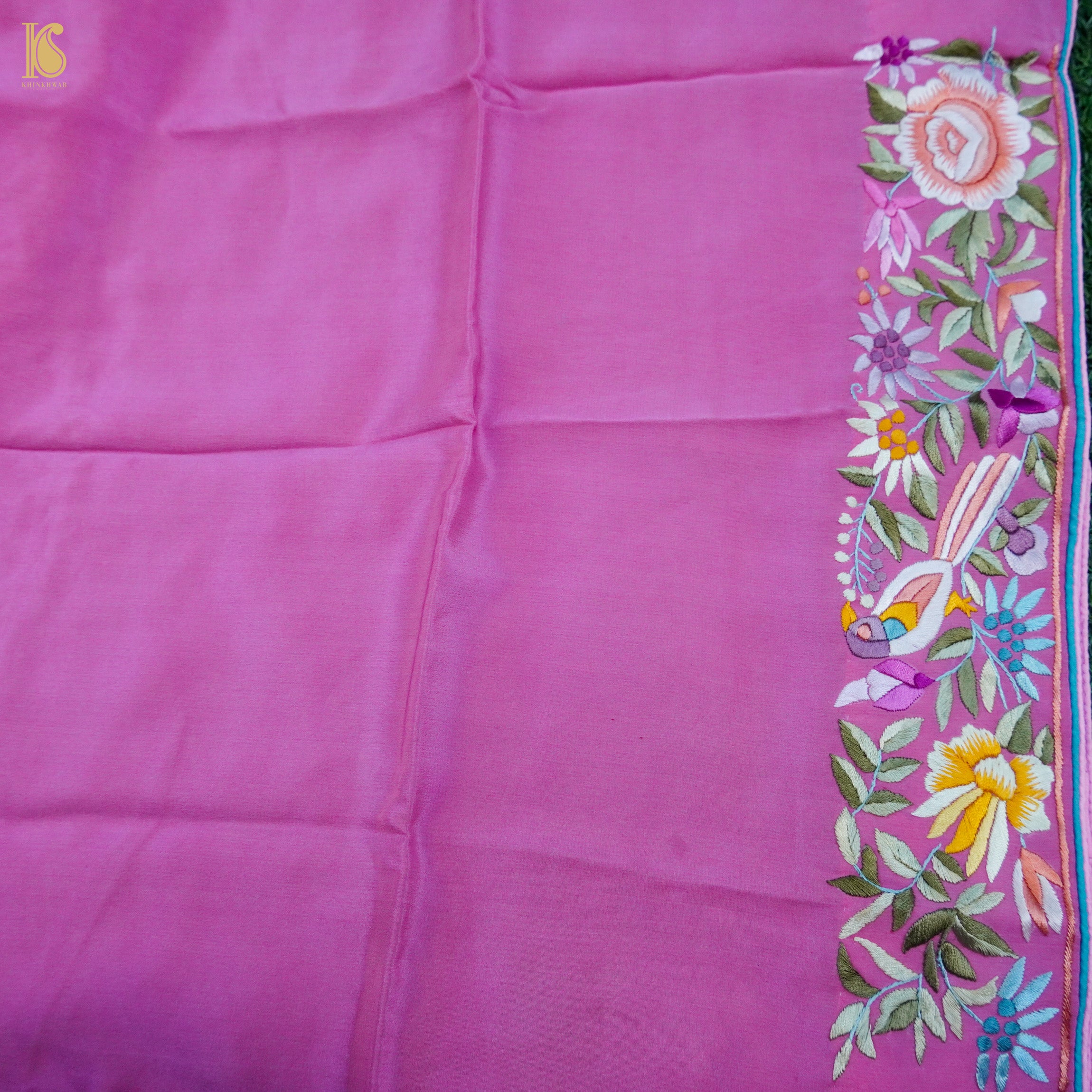Pink Handcrafted Parsi Gara Pure Organza Saree - Khinkhwab