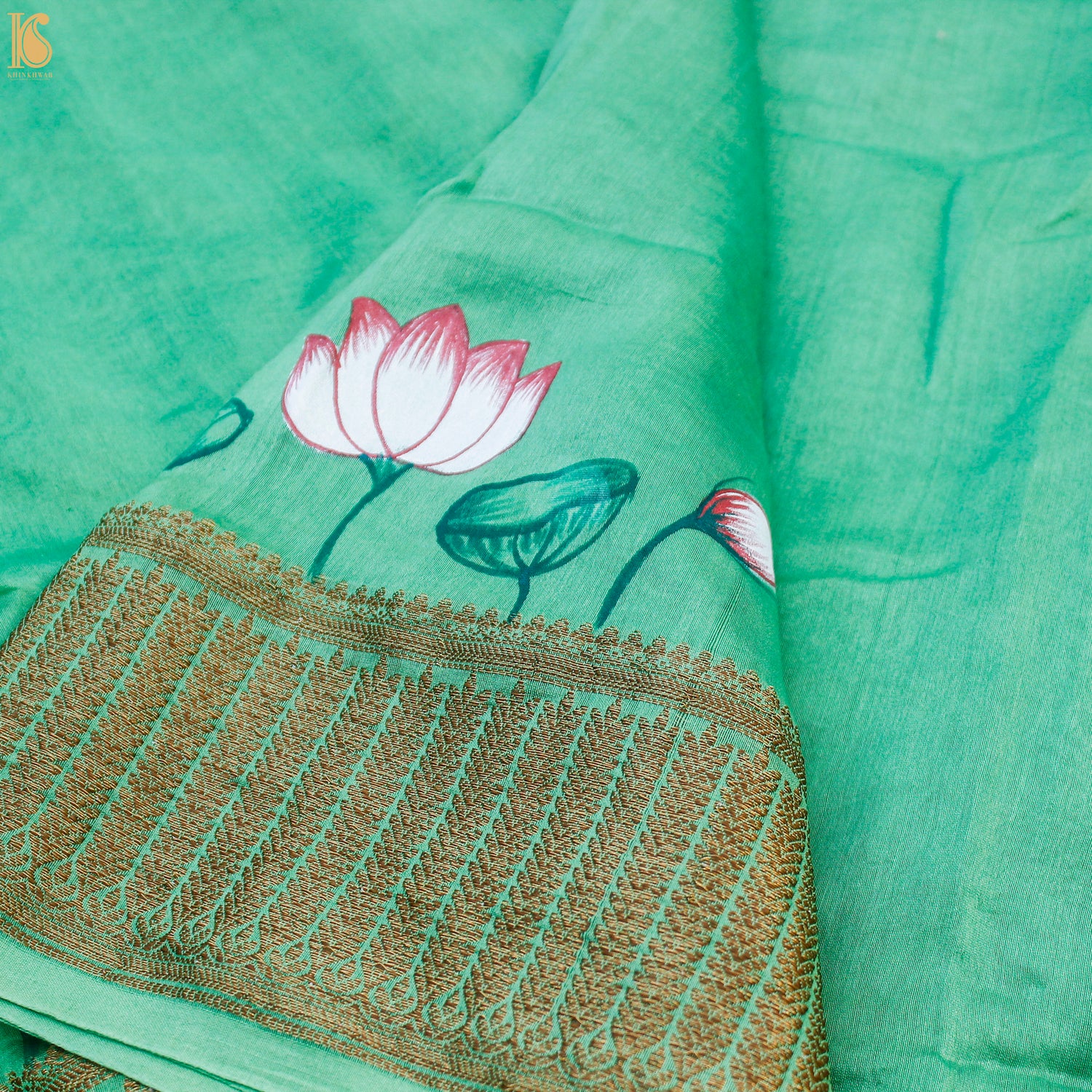 Green & Yellow Pure Cotton Hand Painted Pichwai Banarasi Saree - Khinkhwab