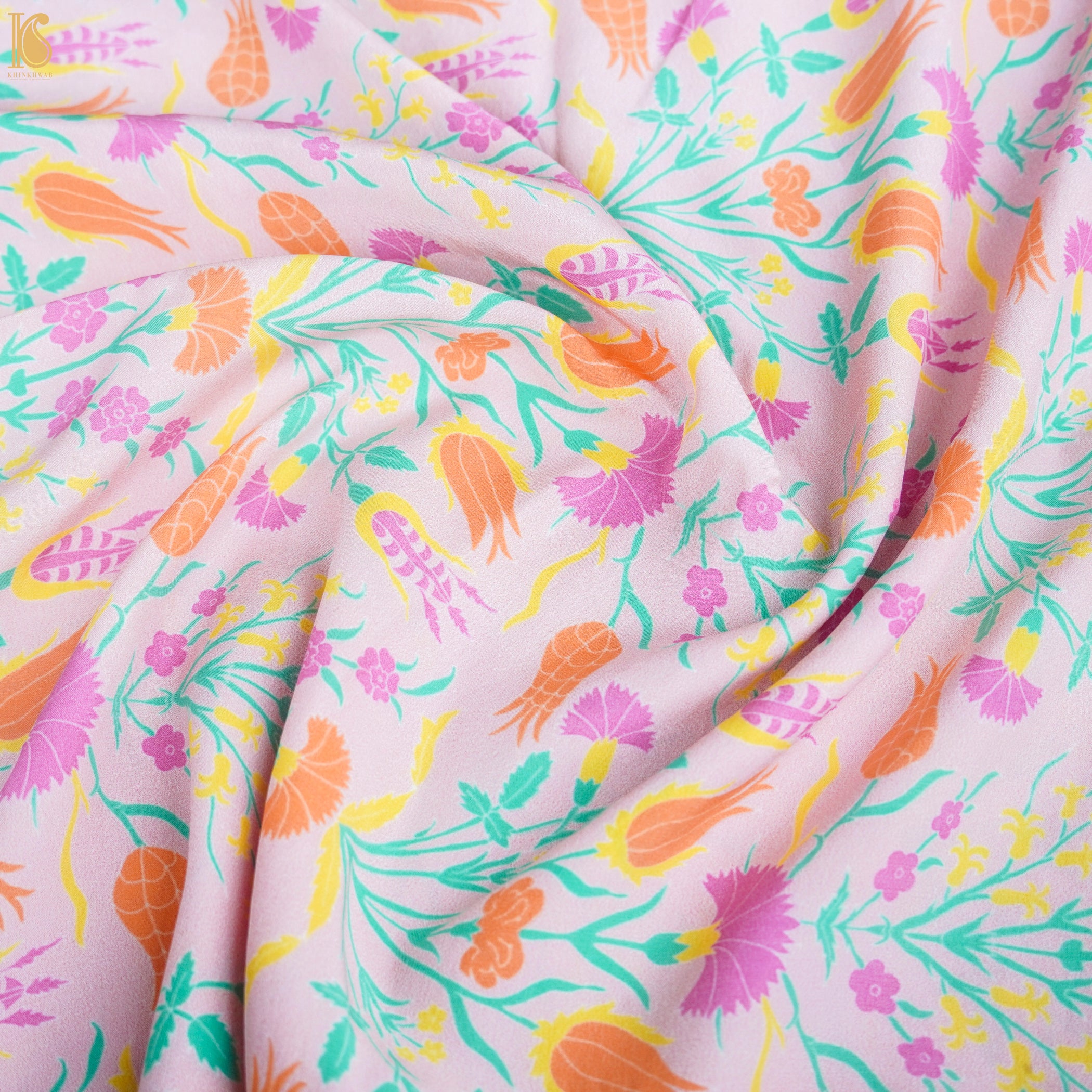 Lale- Pink Pure Sateen Silk Print Fabric - Khinkhwab