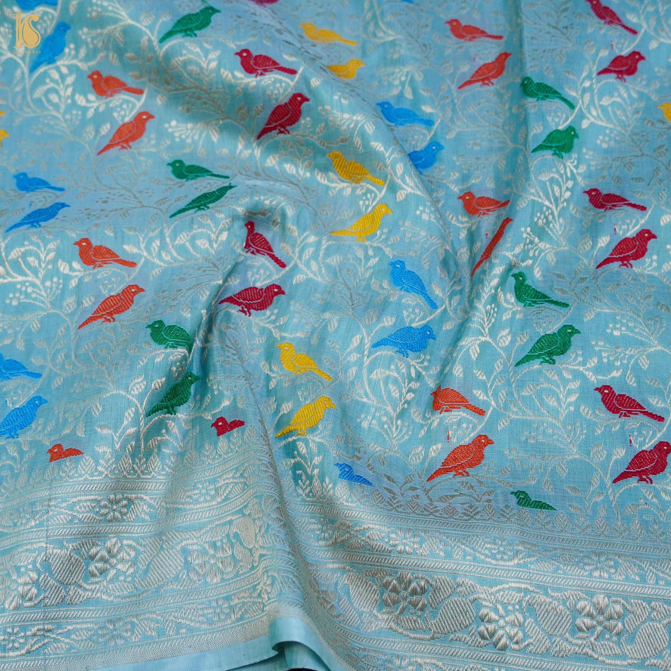 Blue Pure Katan Silk Handwoven Banarasi Jaal Bird Dupatta - Khinkhwab