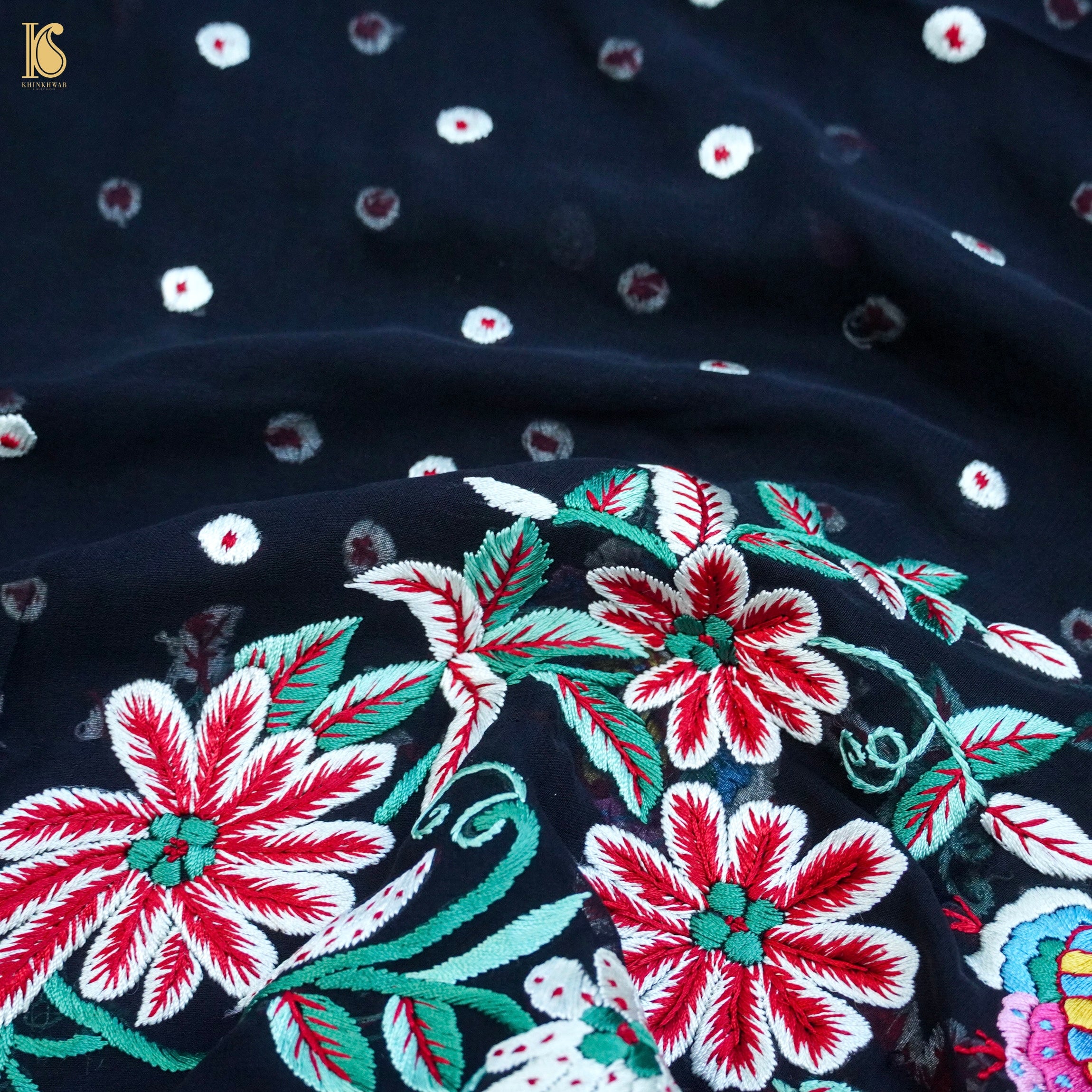 Black Handcrafted Parsi Gara Pure Georgette Dupatta - Khinkhwab