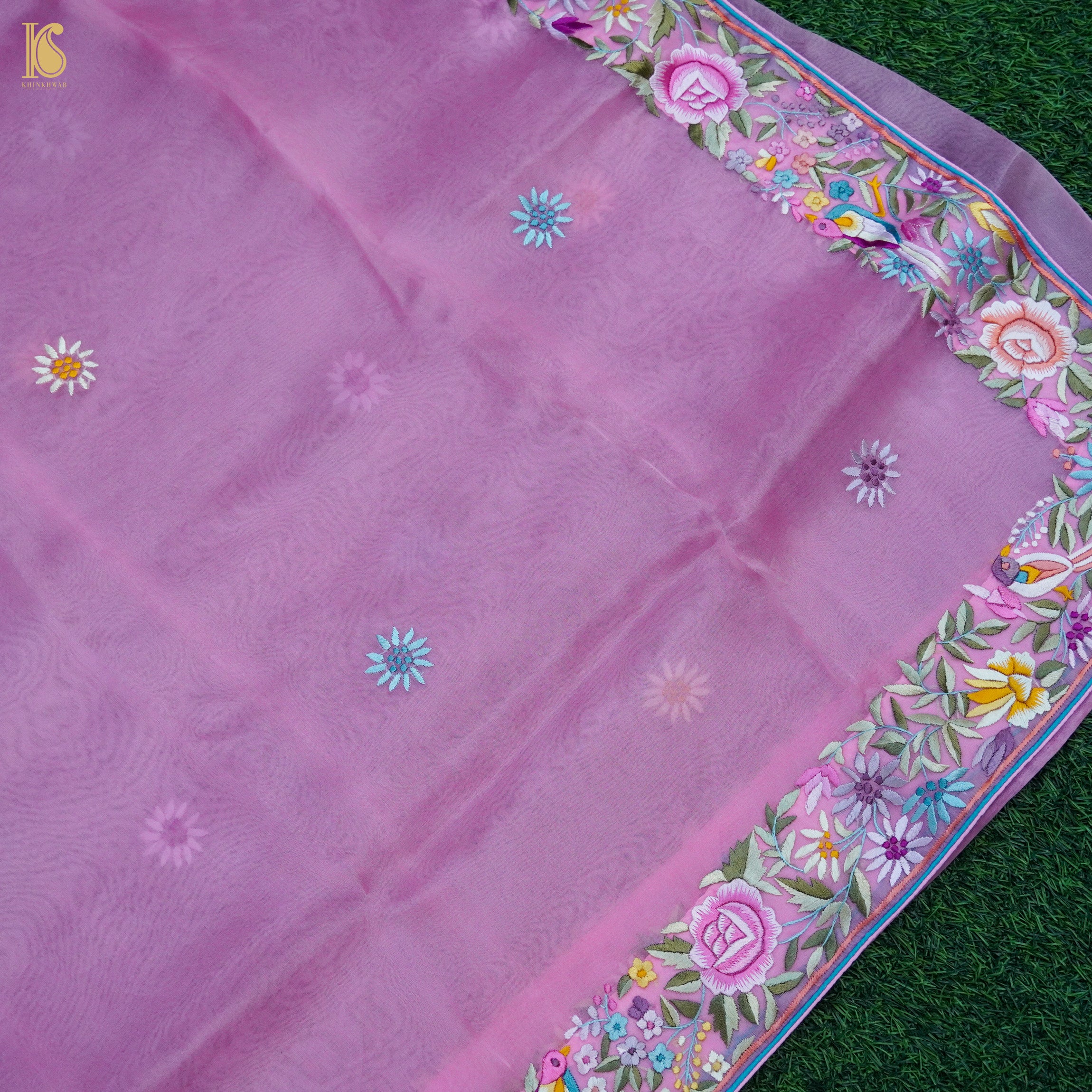 Pink Handcrafted Parsi Gara Pure Organza Saree - Khinkhwab