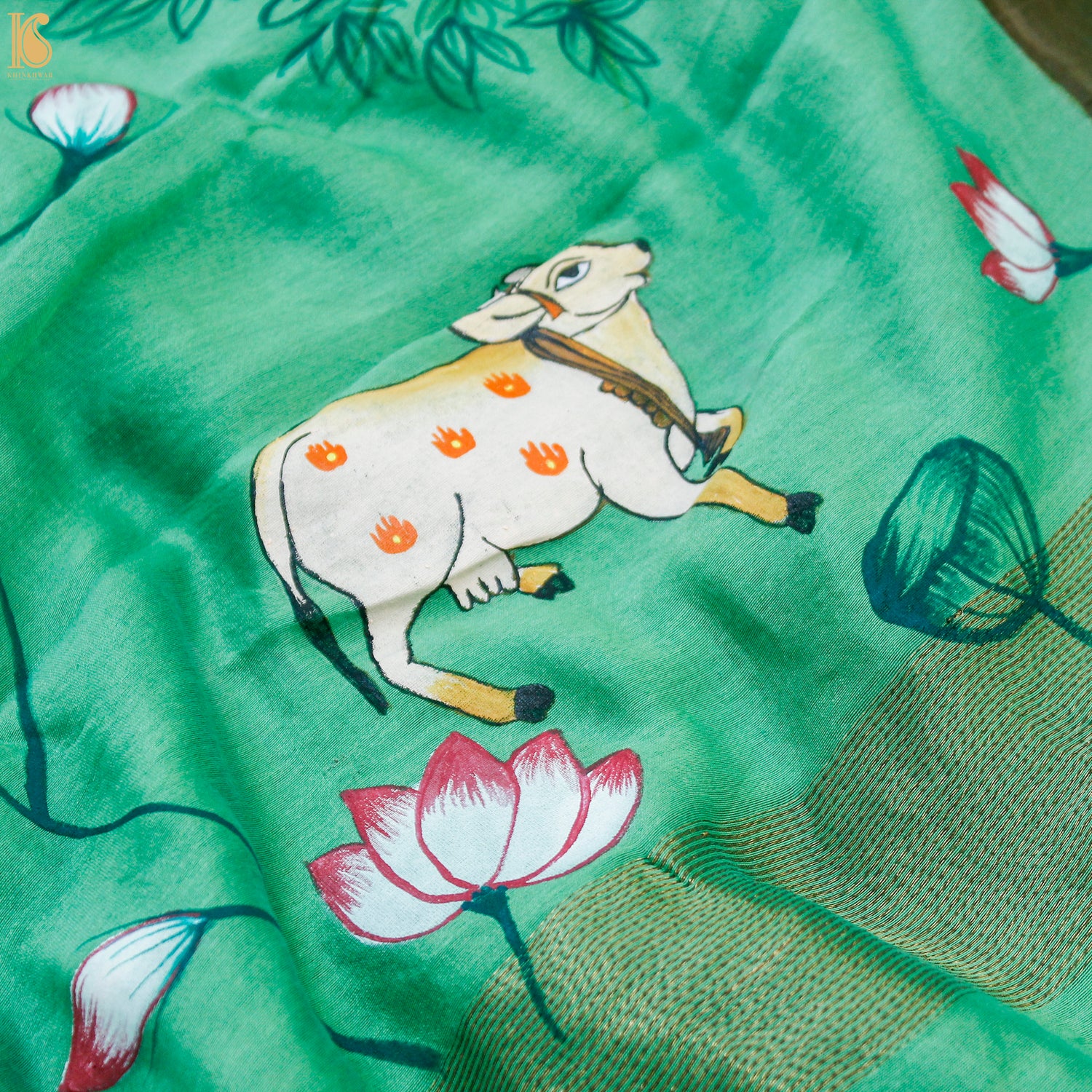 Green & Yellow Pure Cotton Hand Painted Pichwai Banarasi Saree - Khinkhwab