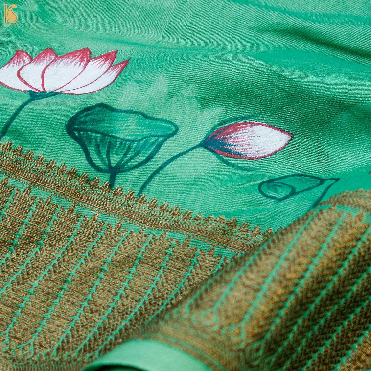 Green & Yellow Pure Cotton Hand Painted Pichwai Banarasi Saree - Khinkhwab