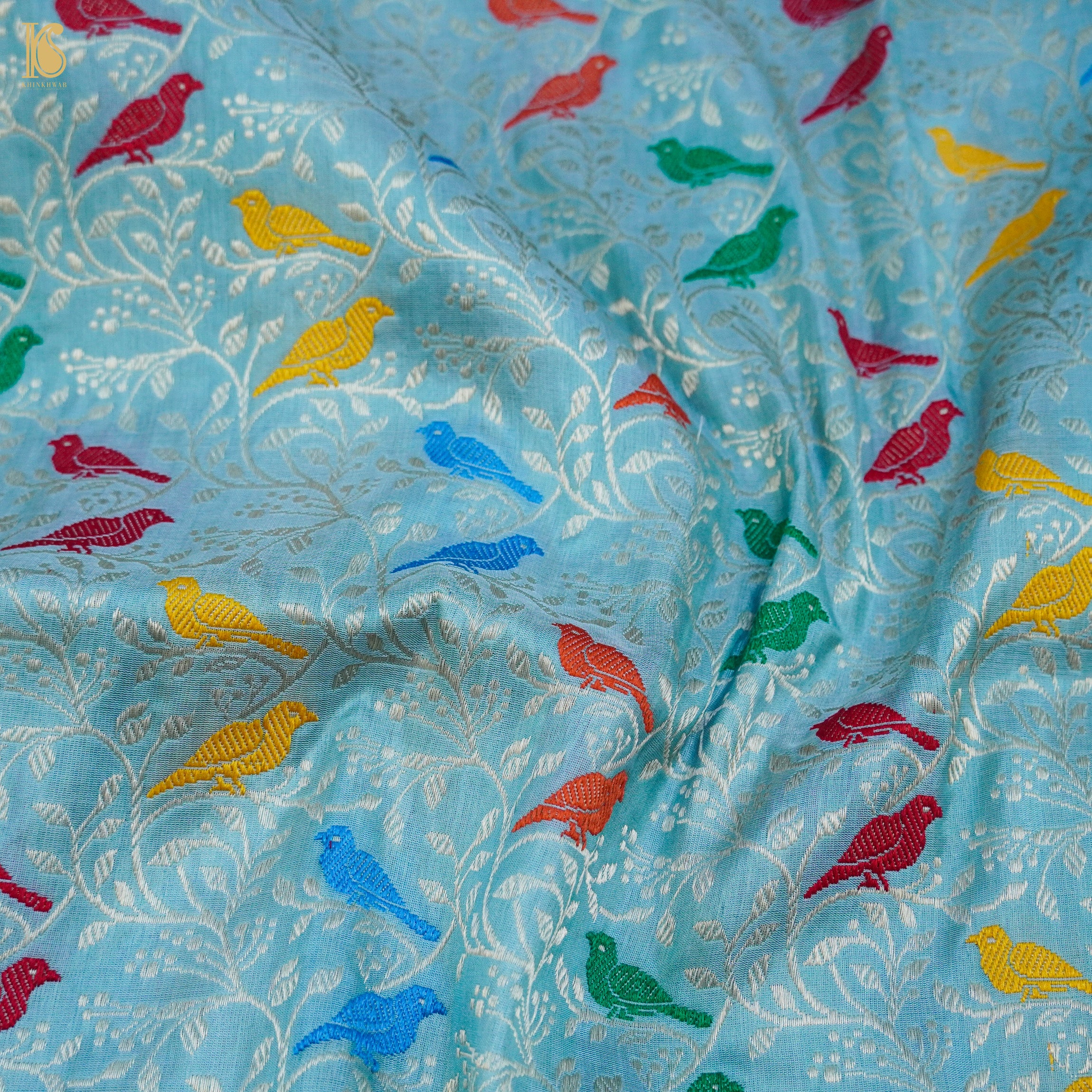 Blue Pure Katan Silk Banarasi Birds Fabric - Khinkhwab
