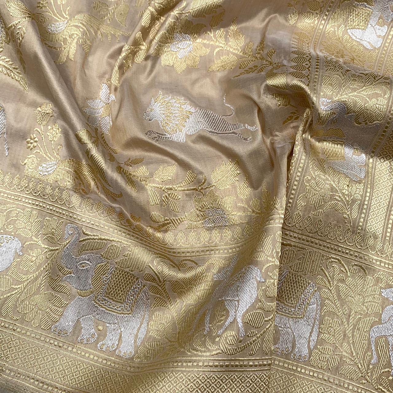Handloom Banarasi Katan Silk Off White Shikargah Saree - Khinkhwab