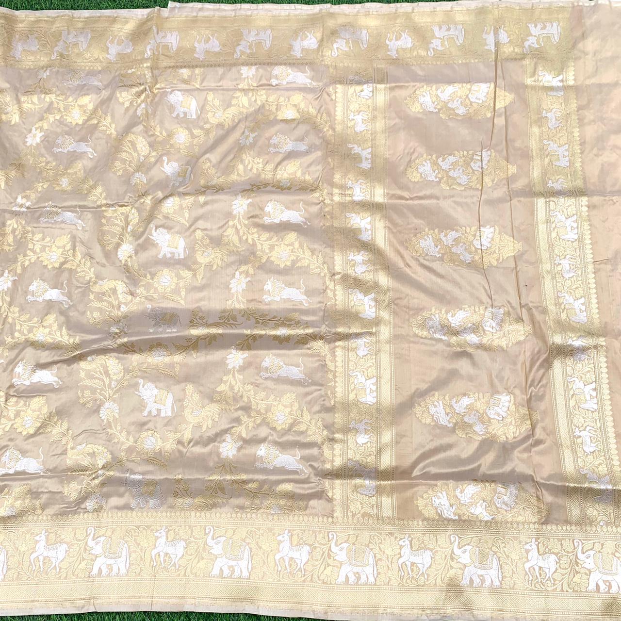 Handloom Banarasi Katan Silk Off White Shikargah Saree - Khinkhwab