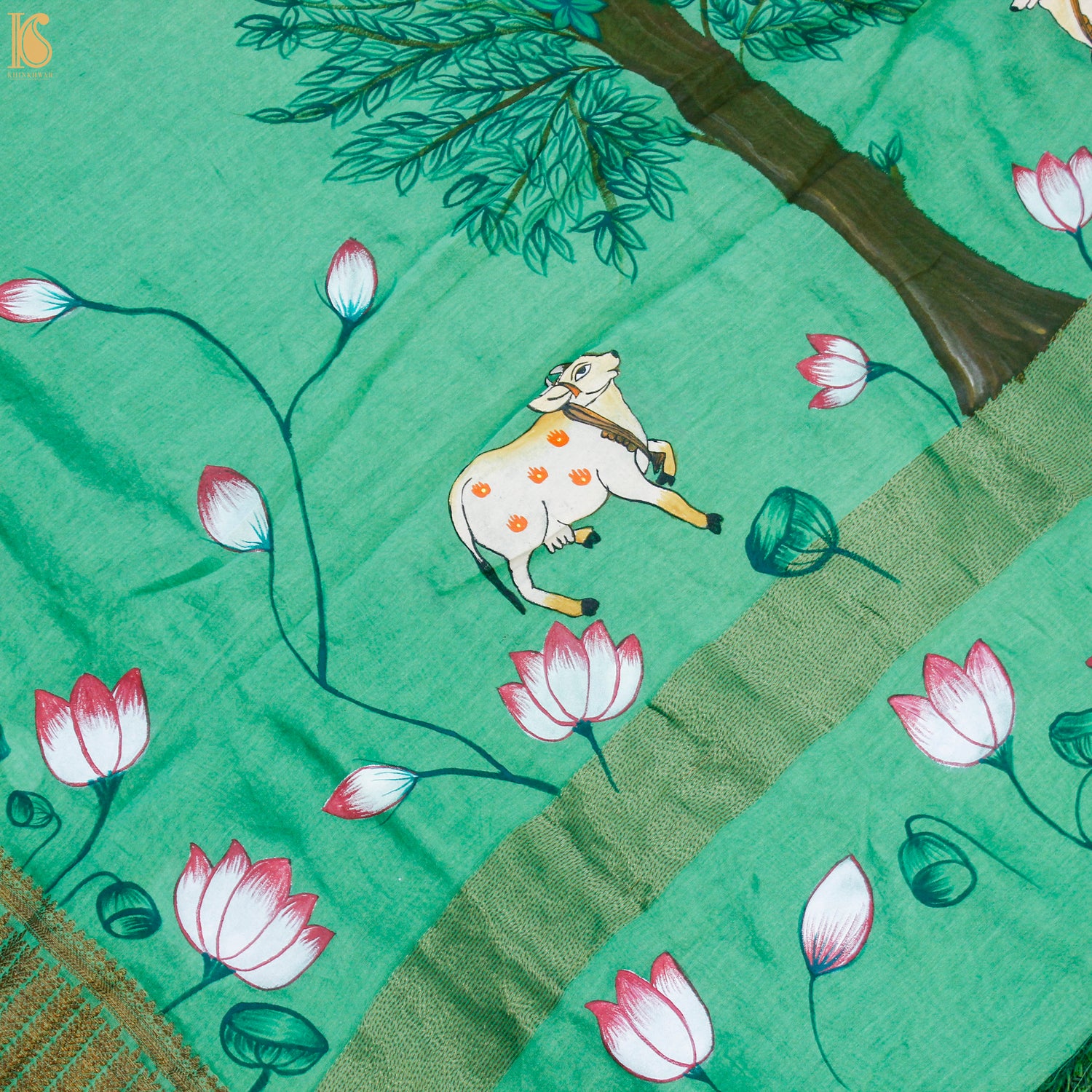 Green & Yellow Pure Cotton Hand Painted Pichwai Banarasi Saree - Khinkhwab