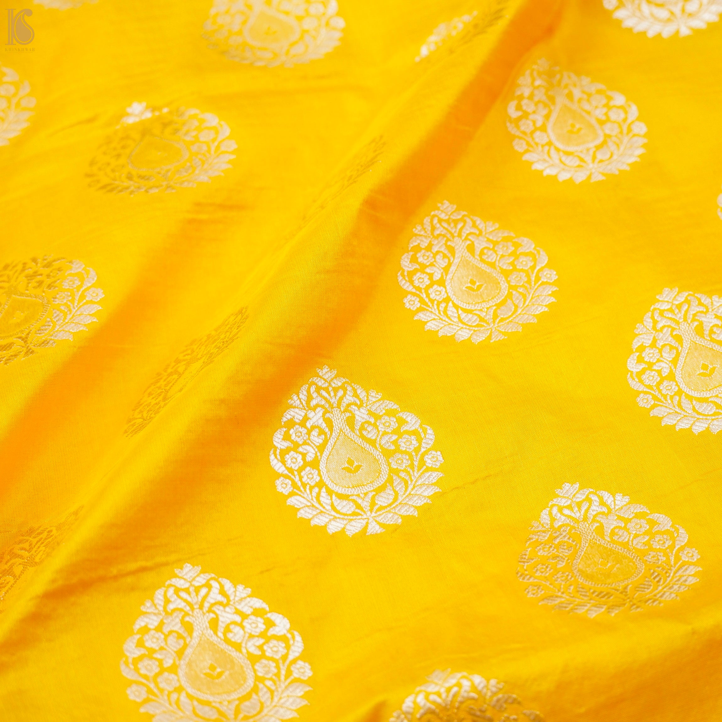 Yellow Pure Katan Silk Banarasi Fabric with Border - Khinkhwab