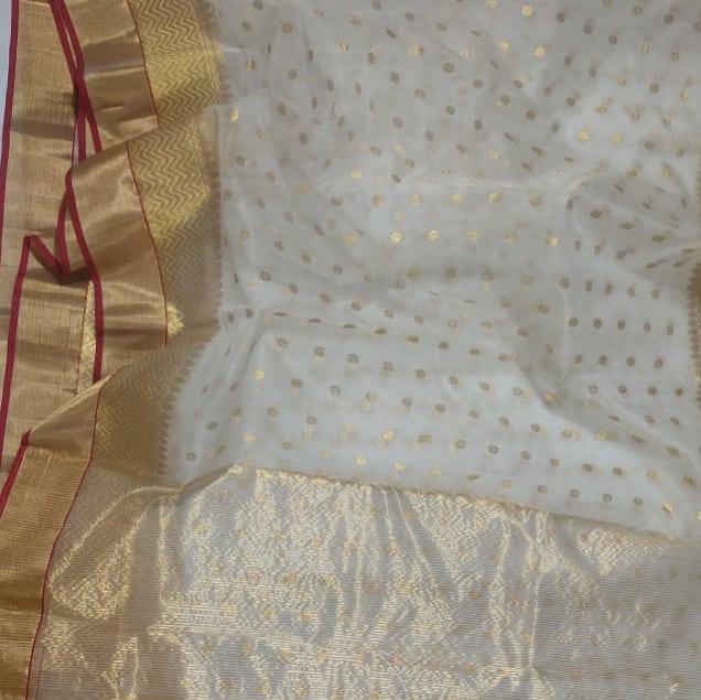 White Pure Katan Silk Handwoven Chanderi Dollar Boota Saree - Khinkhwab