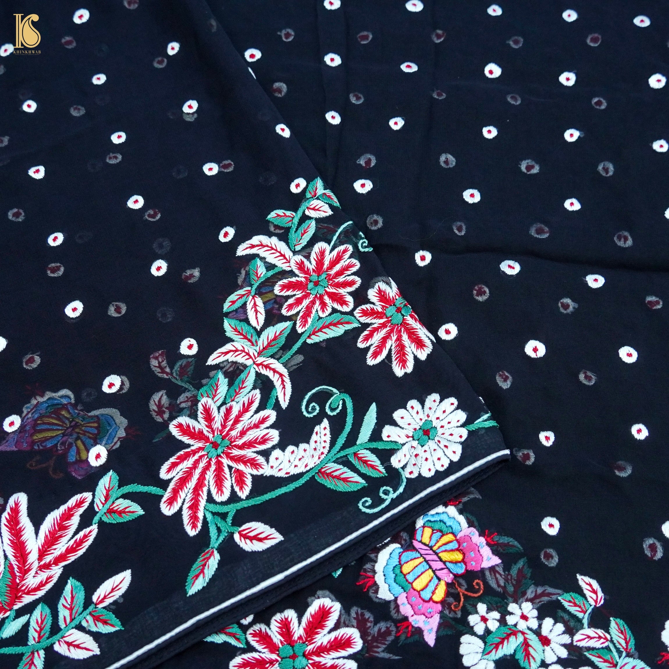 Black Handcrafted Parsi Gara Pure Georgette Dupatta - Khinkhwab