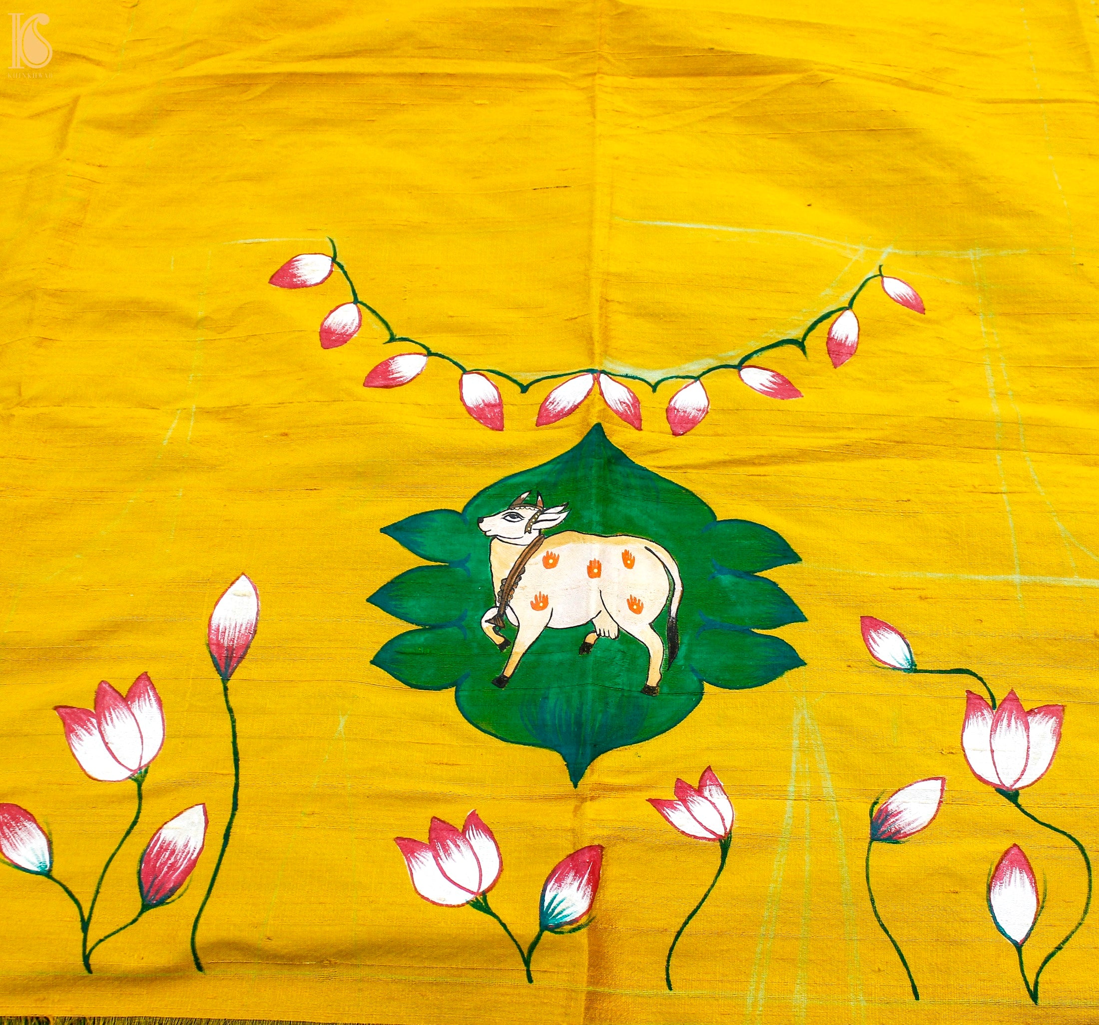Green & Yellow Pure Cotton Hand Painted Pichwai Banarasi Saree - Khinkhwab