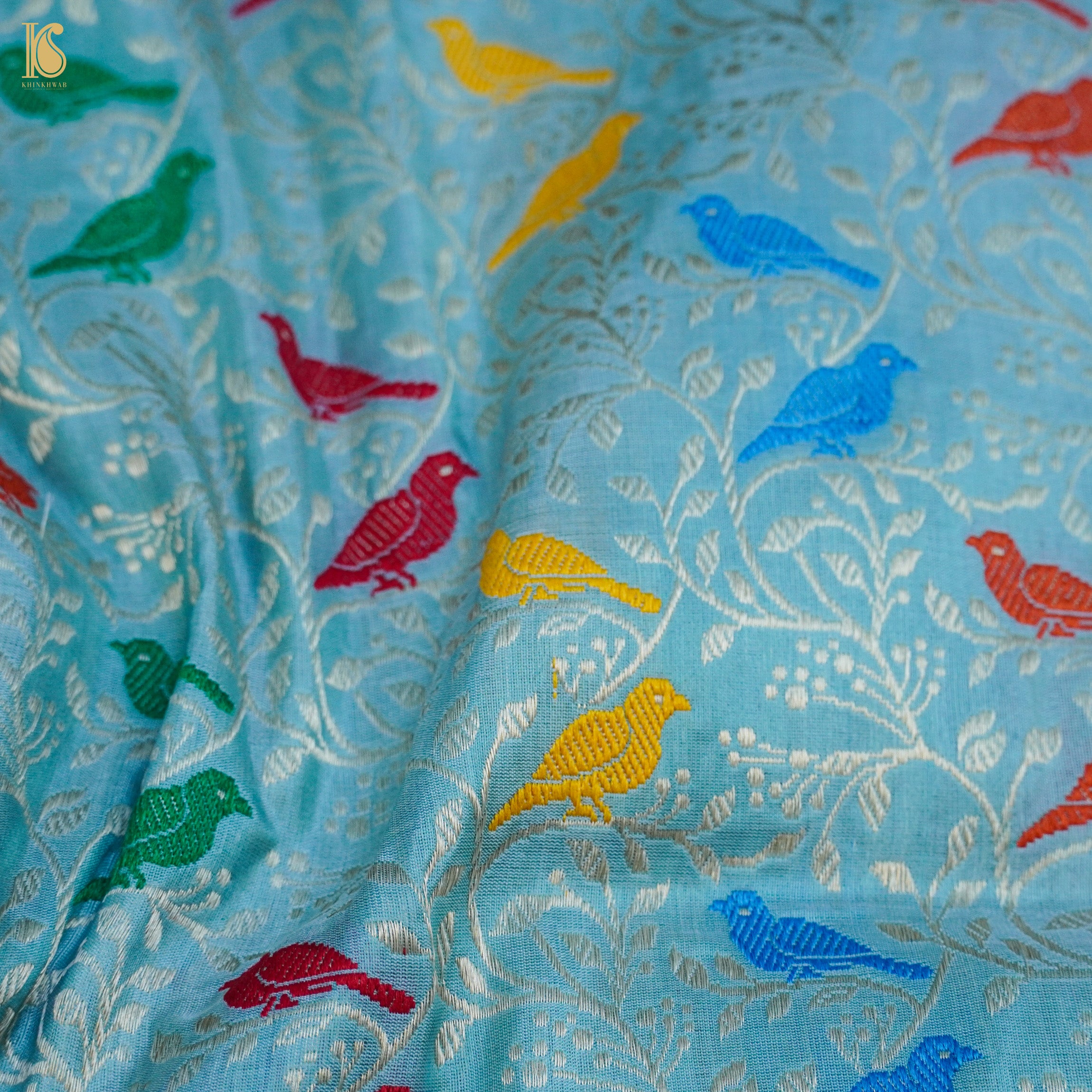 Blue Pure Katan Silk Banarasi Birds Fabric - Khinkhwab