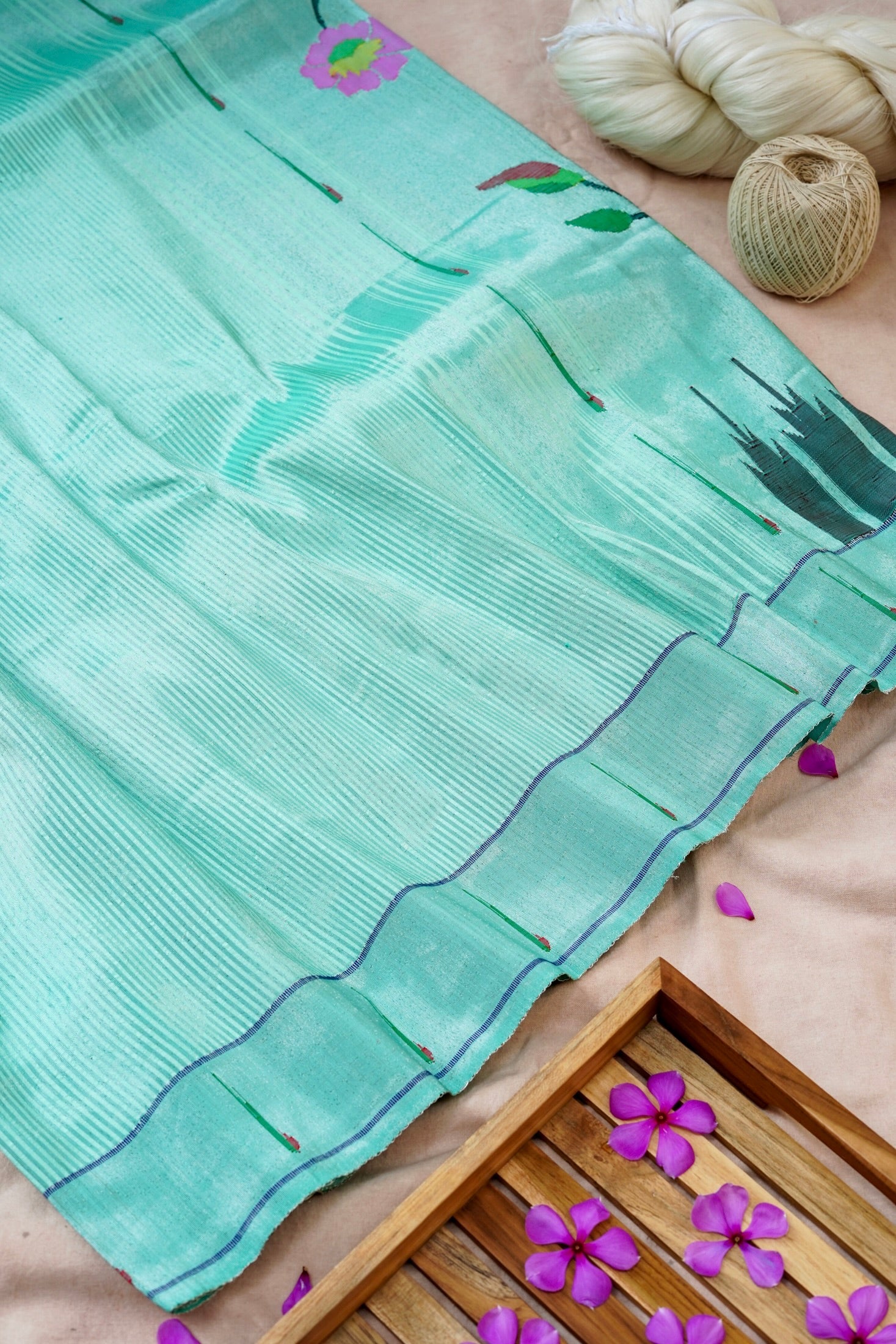Handwoven Banarasi Paithani silk tissue saree with peacock pallu by Khinkhwab
