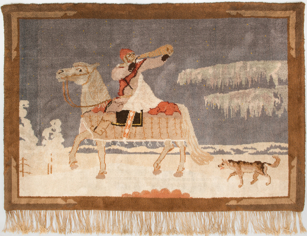 Finnish rya (ryijy) textile, ‘Kullervo Sets Off for War’, designed by Akseli Gallen-Kallela, via Wikimedia Commons
