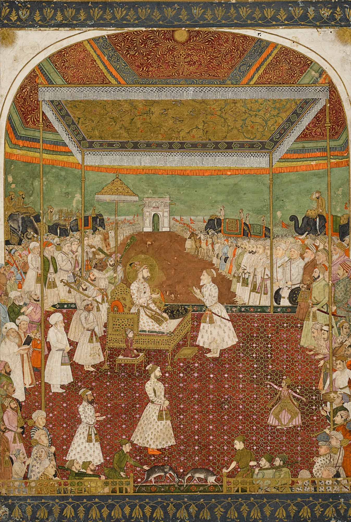 A Mughal emperor enthroned in a darbar (court) scene, 17th century — public domain via Wikimedia Commons
