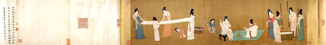 Court Ladies Preparing Newly Woven Silk, a Chinese painting of silk-making