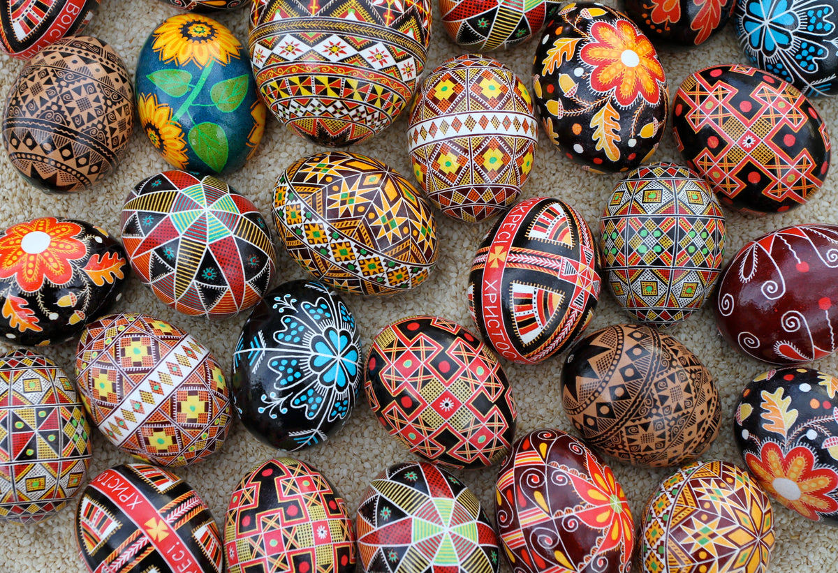 Ukrainian pysanky — Easter eggs decorated by the wax-resist method in traditional folk patterns, via Wikimedia Commons