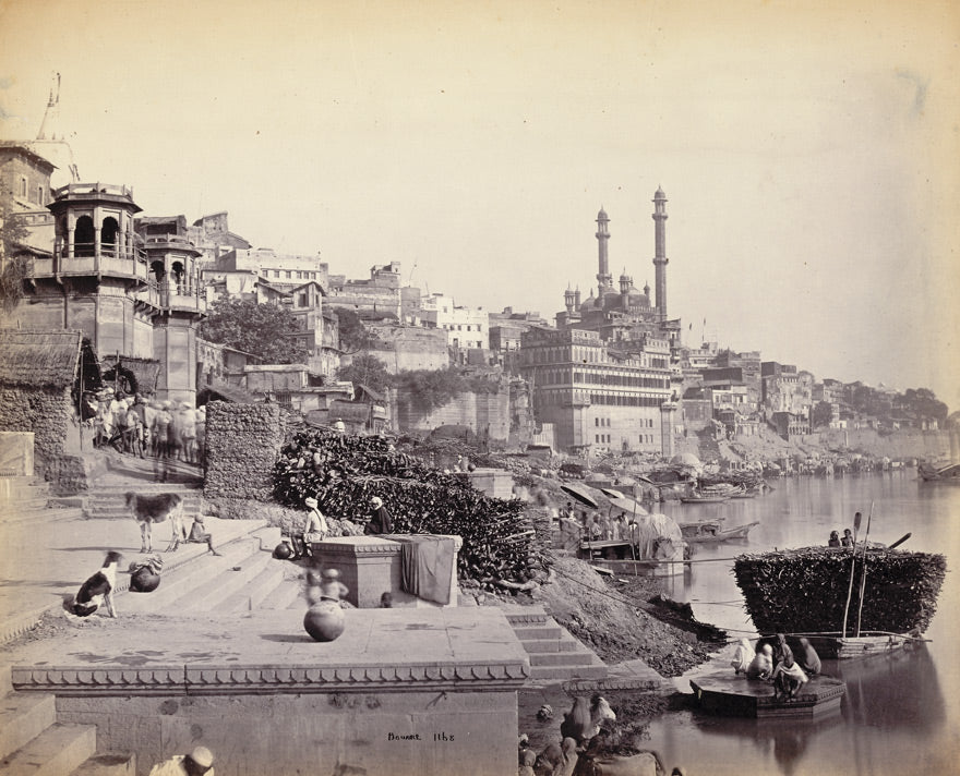 The bathing ghats of Varanasi (Benares) on the Ganga, photographed in 1865 — the city behind the Banarasi saree