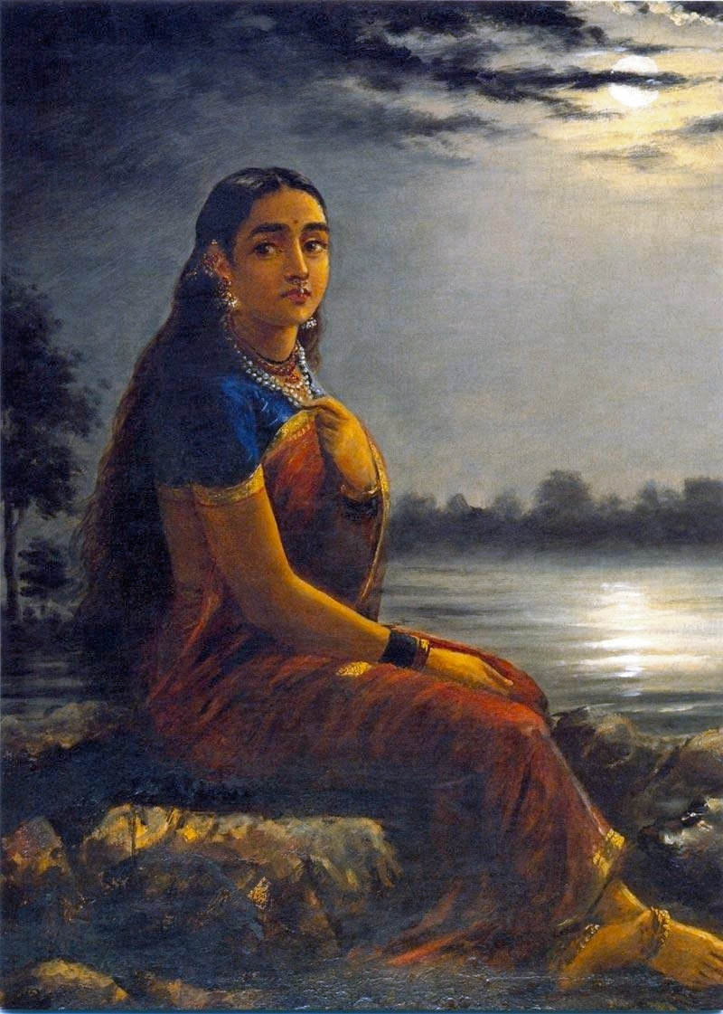 Raja Ravi Varma's Lady in the Moonlight, a woman in a classic silk saree drape seated by a moonlit river
