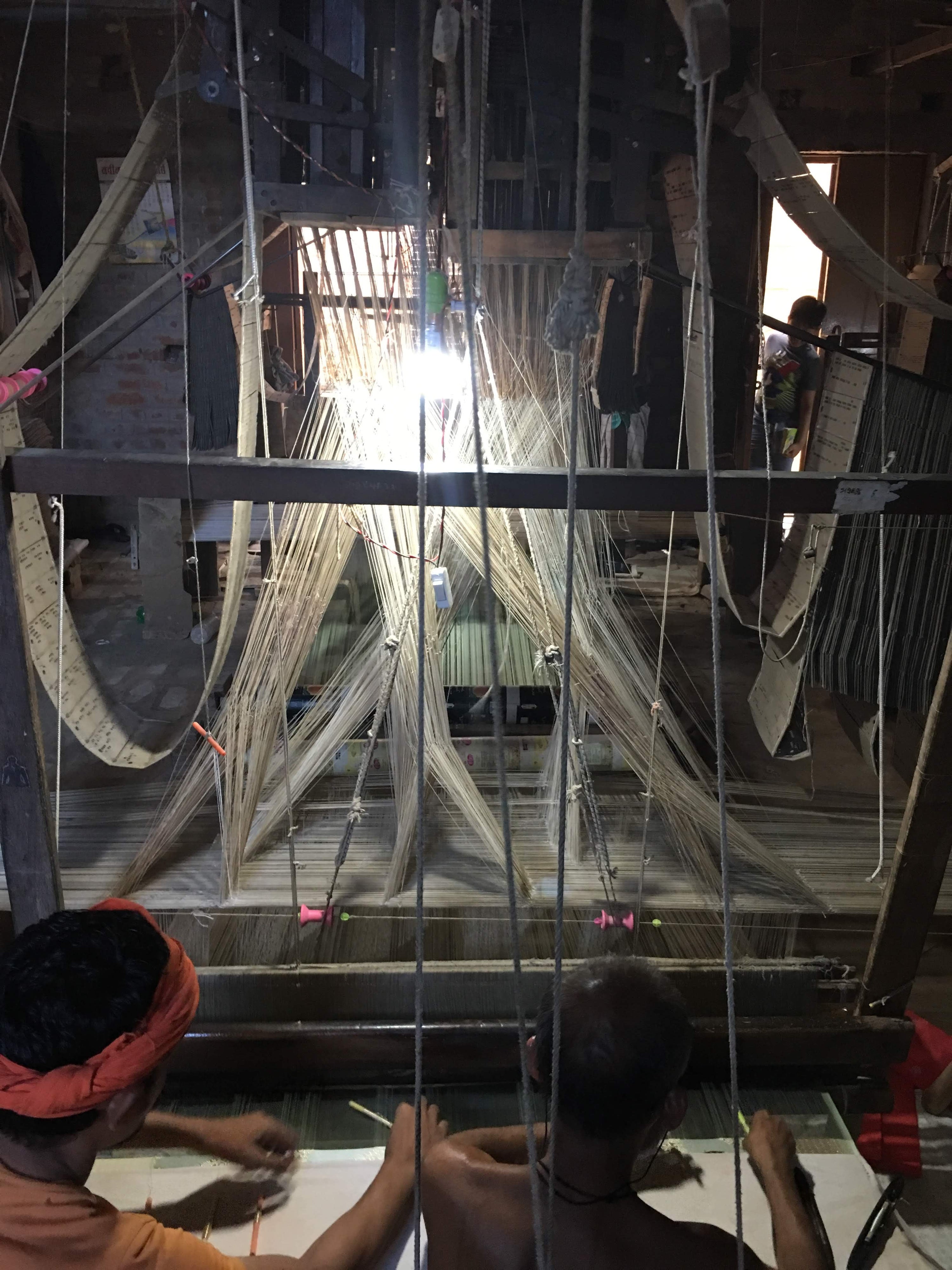 A real handloom at work in a Banaras weaving workshop