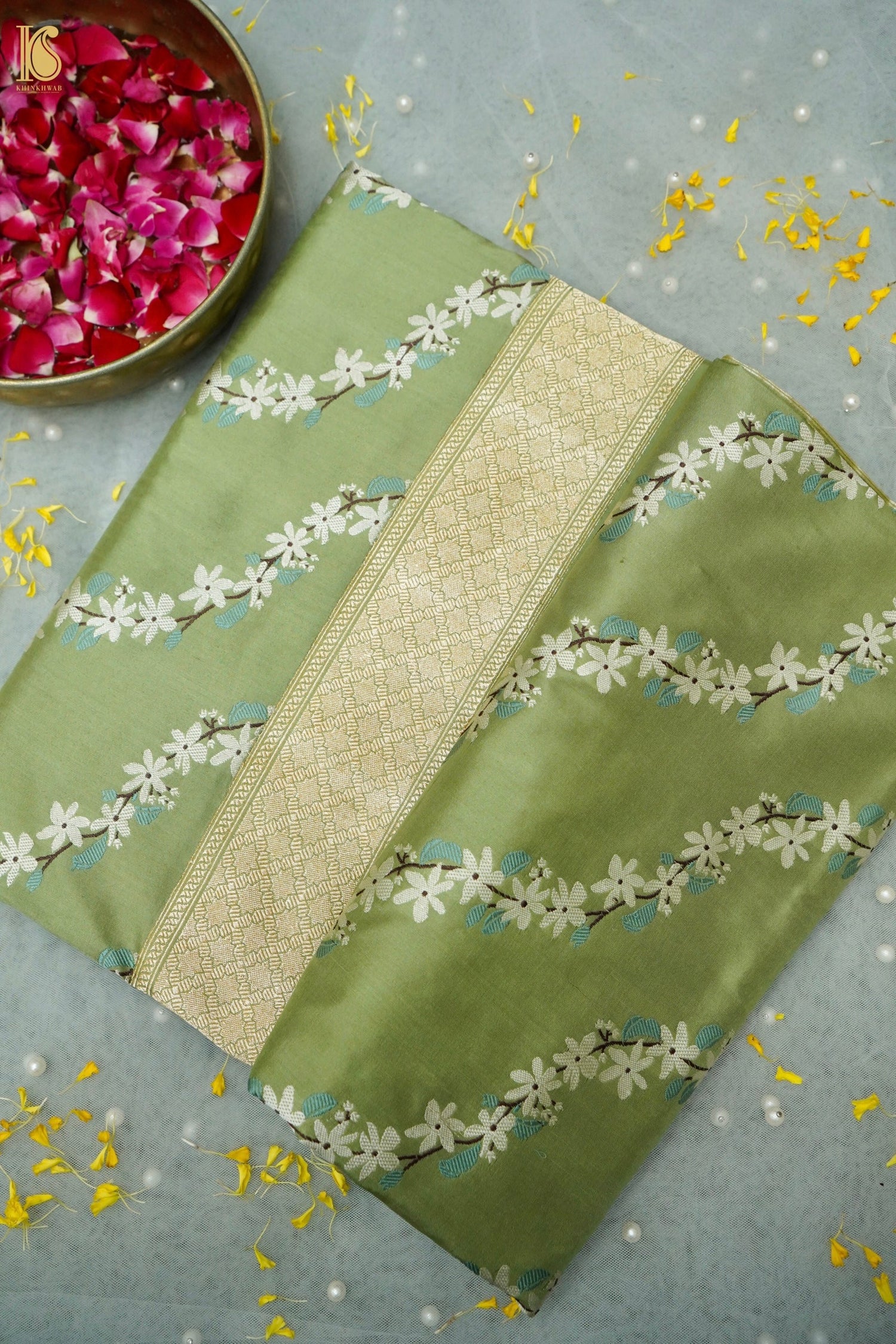 Handwoven Banarasi Katan Silk Kadwa Saree in Sage Green — Khinkhwab