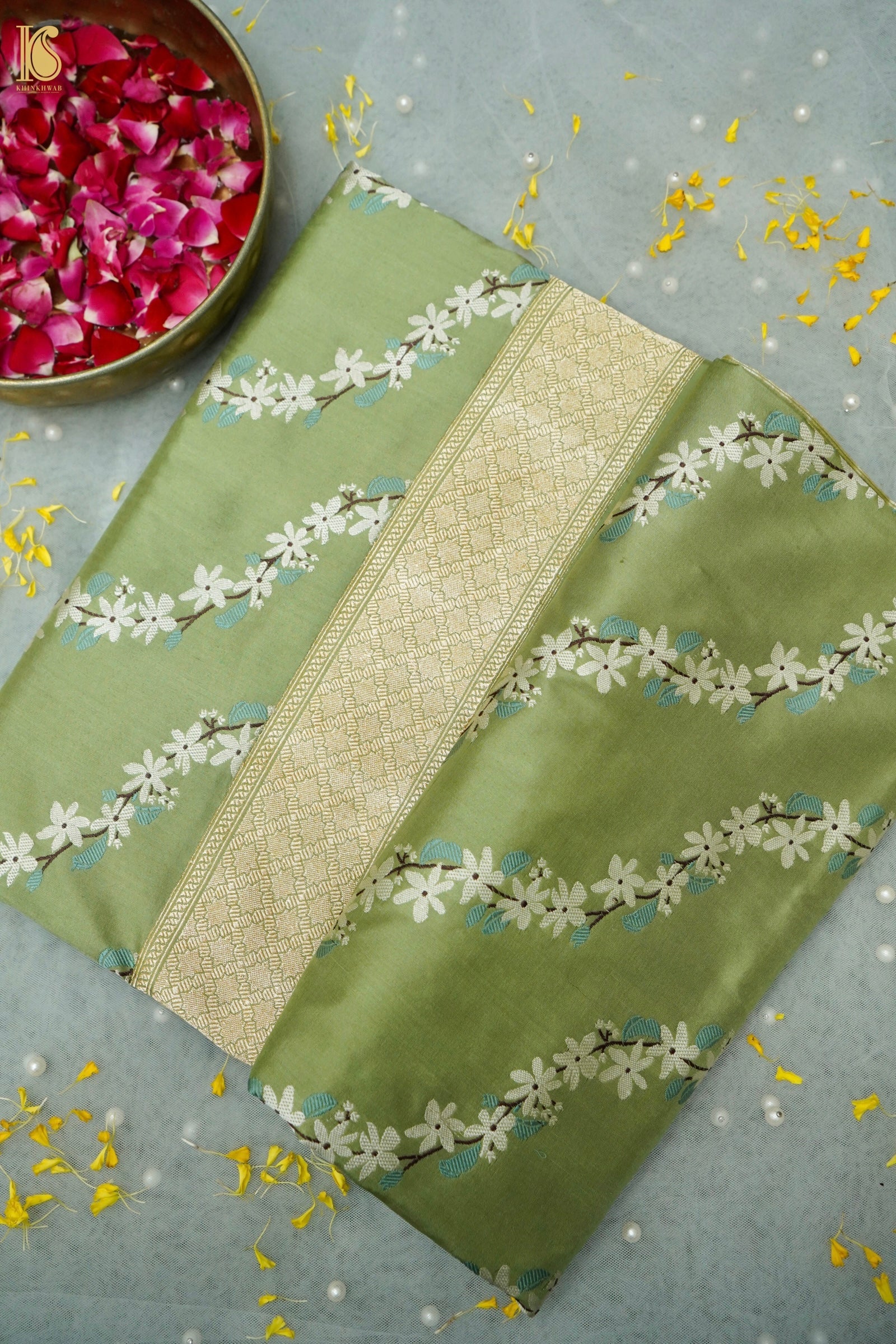 Handwoven Banarasi Katan Silk Kadwa Saree in Sage Green — Khinkhwab