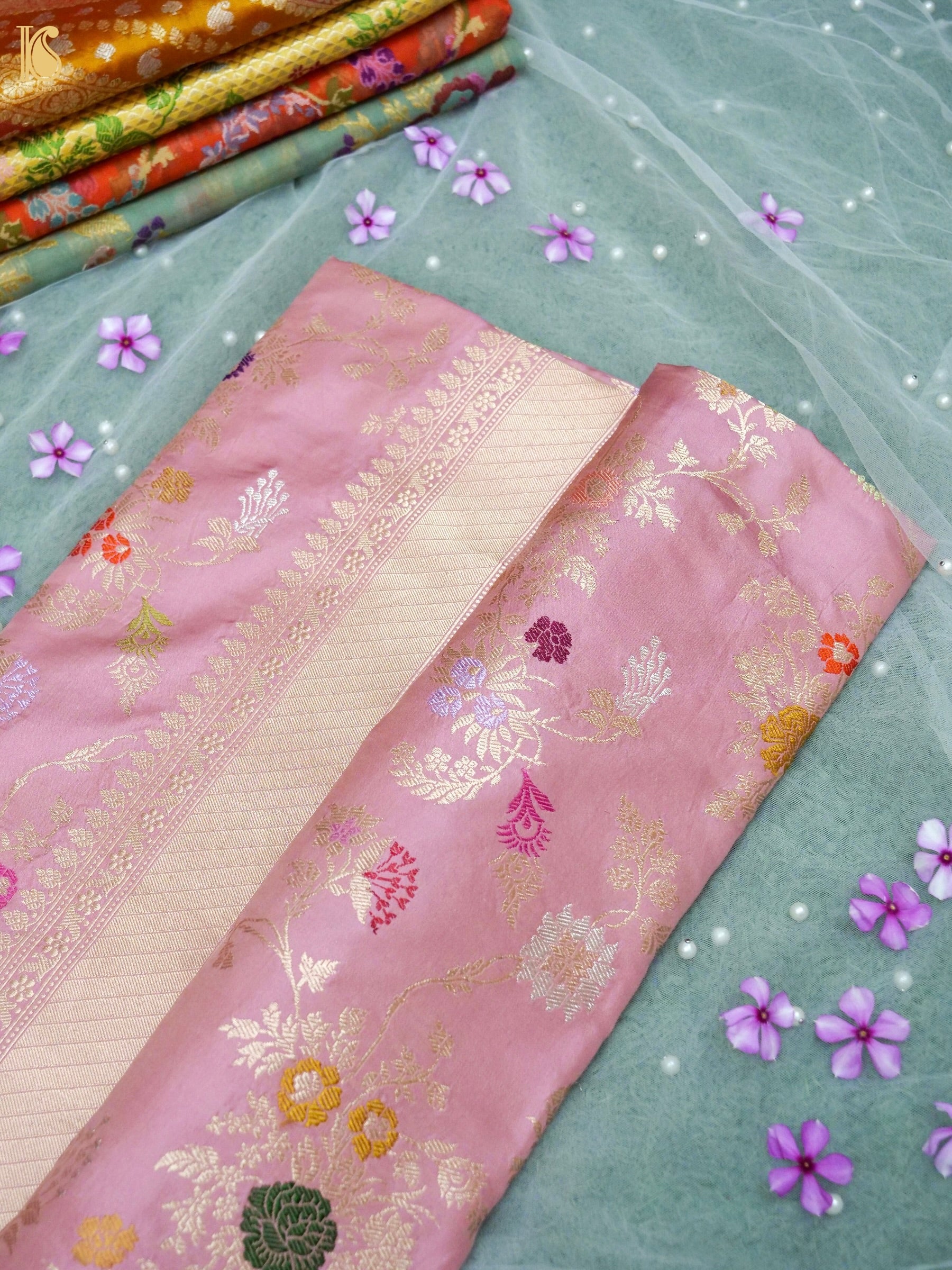 Handwoven Banarasi Katan Silk Kadwa Jangla Saree in Blush Pink — Khinkhwab